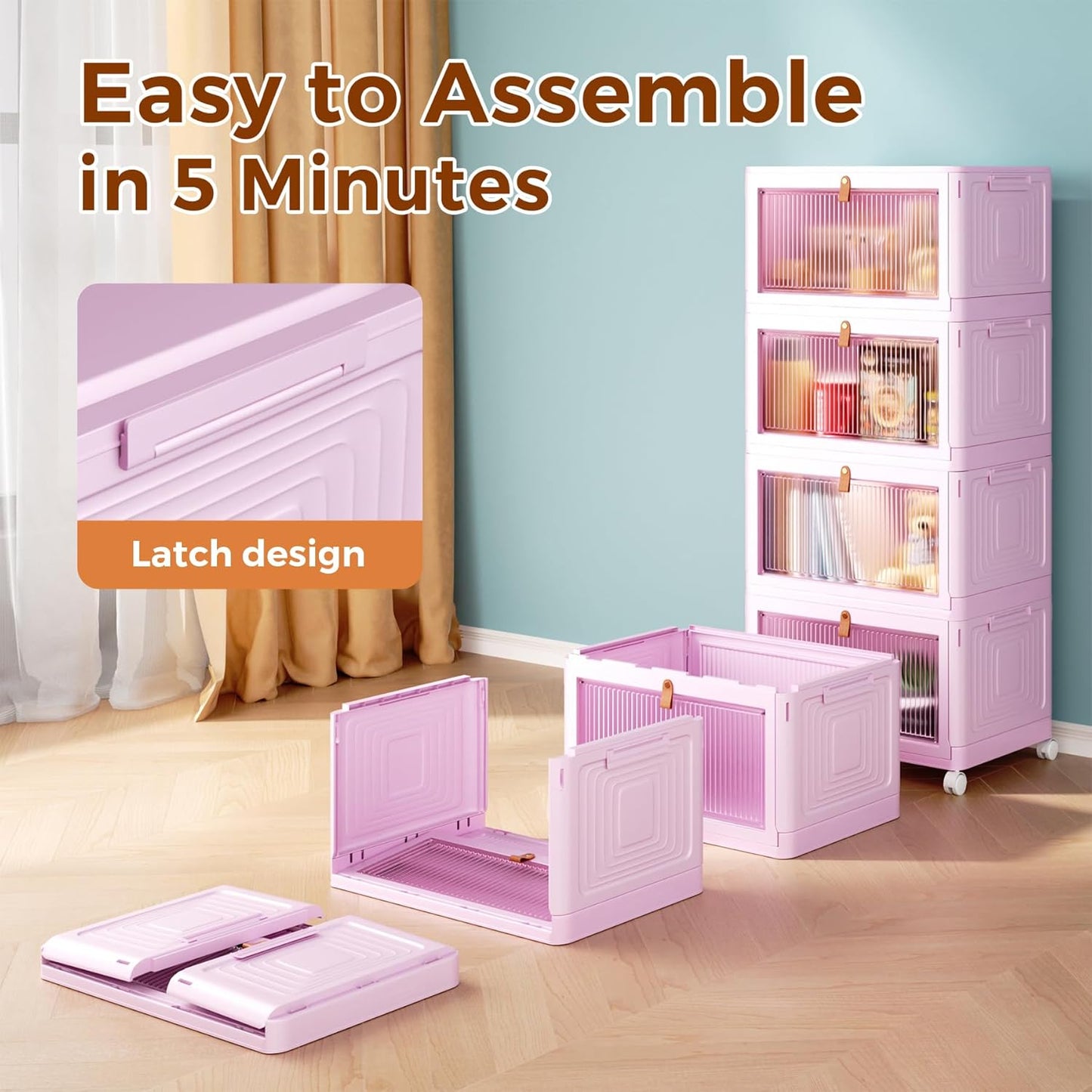 4 Tier Stackable Plastic Storage Bins with Lid and Wheels - 23 QT Closet Organizers and Foldable Storage Containers, Organization Boxes for Craft, Home, Pantry, Dorm, Pink