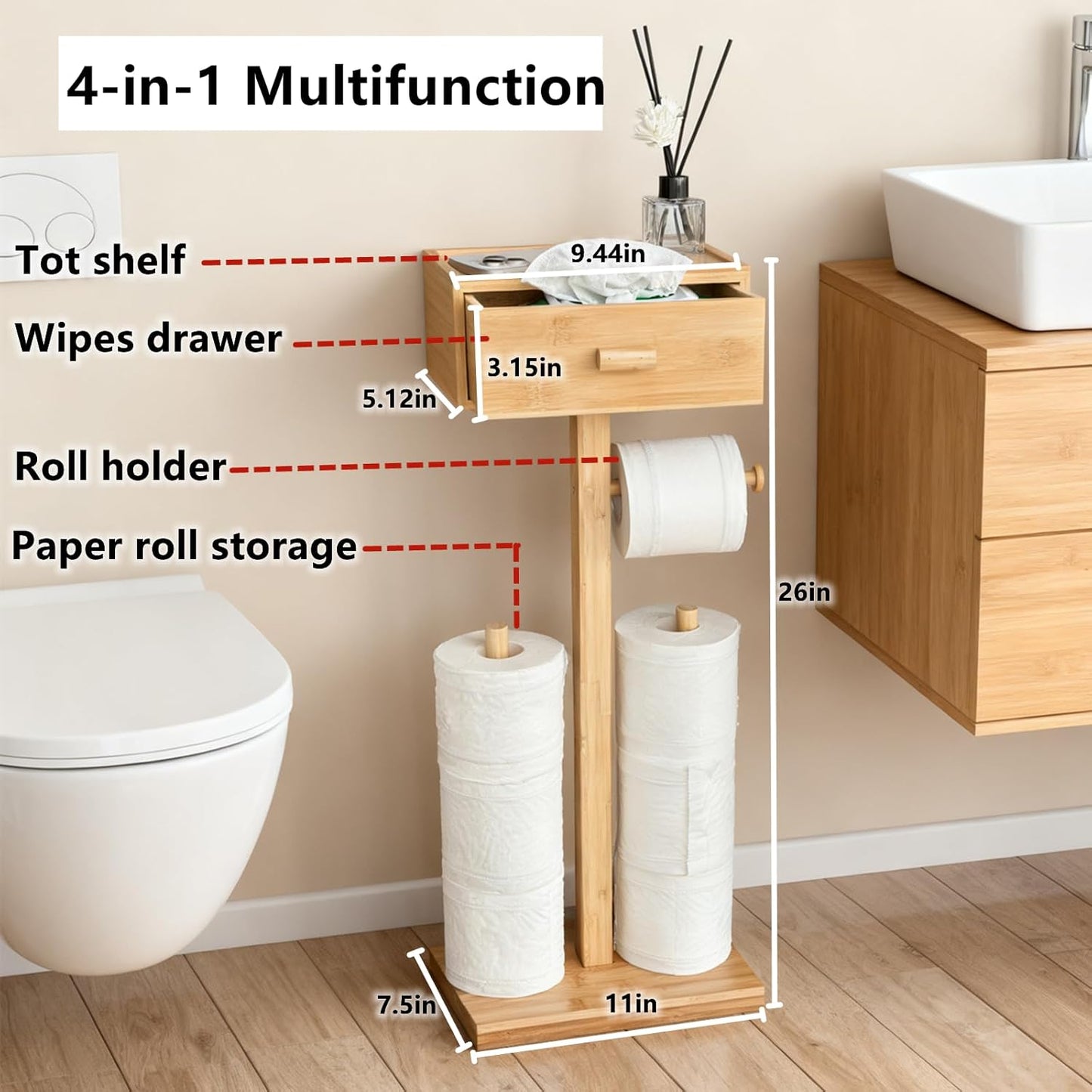 Freestanding Toilet Paper Holder Stand with Shelf, Bamboo Toilet Paper Roll Holder with Wet Wipes Storage Drawer,Bathroom(2 Rods,Stores 6 Rolls)