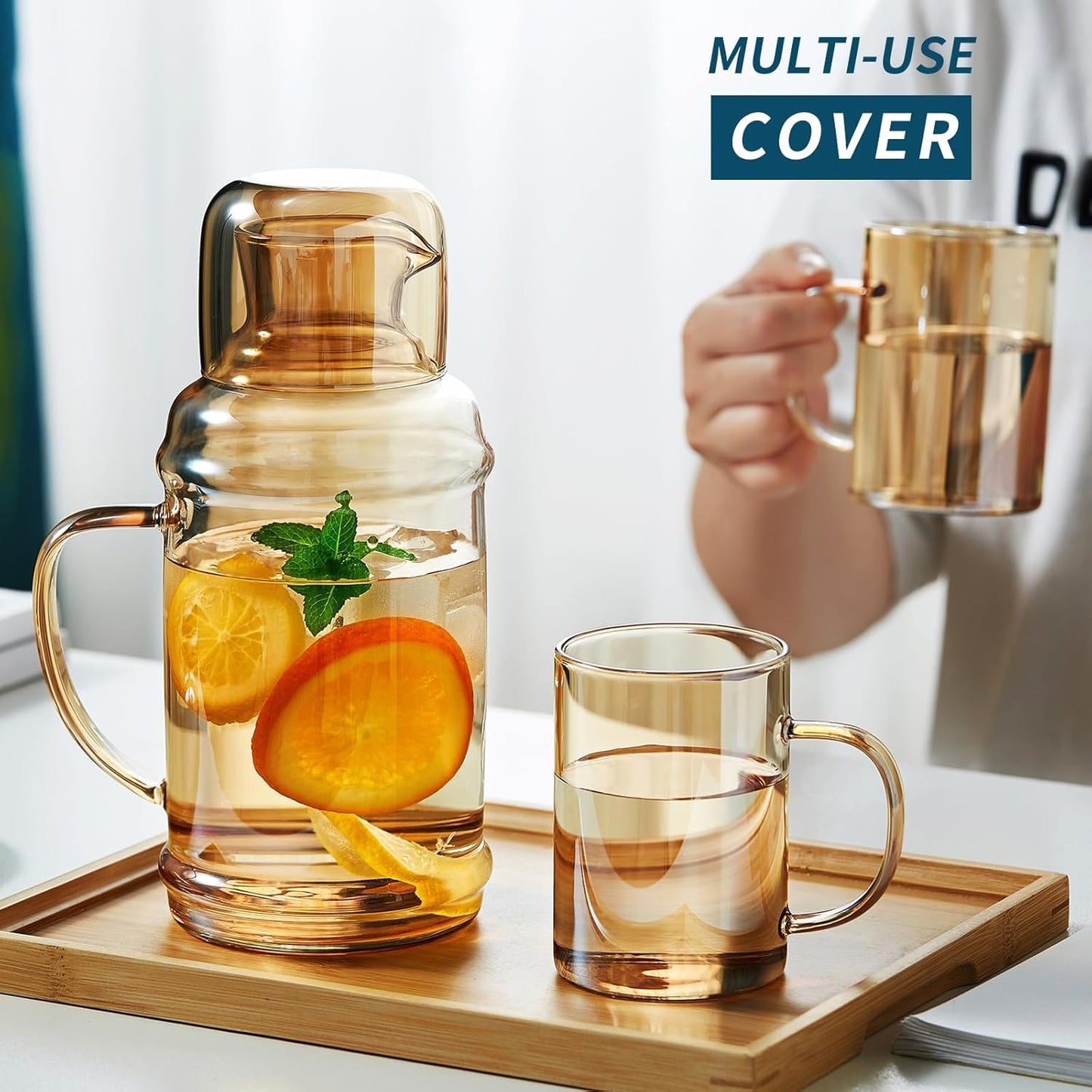 68OZ Glass Pitcher with Lid and Spout, Water Jug, 2000ml Carafe for Hot/Cold Water, Large Iced Tea Pitcher for Coffee, Juice and Homemade Beverage, Champagne