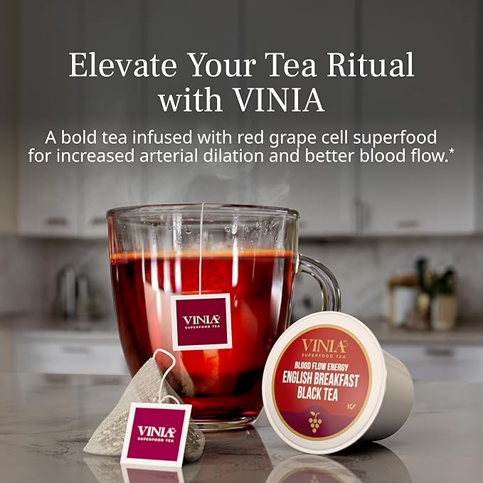 VINIA English Breakfast Black Tea K-Cup Pods, Made with Organic Tea, Infused with Piceid Resveratrol for Heart Health, Nitric Oxide, Physical Energy, Blood Flow, Keto, Kosher, NON-GMO. 30 Ct