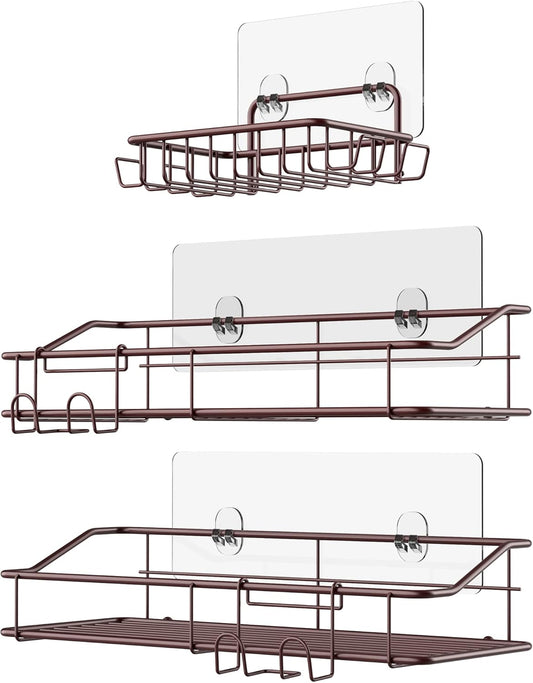 Nieifi Shower Caddy Shelf with Hooks Storage Rack Organizer Adhesive Stainless Steel without Drilling for Bathroom, Lavatory, Washroom, Restroom, Shower, Toilet, Kitchen (Brown, 3 Pack)