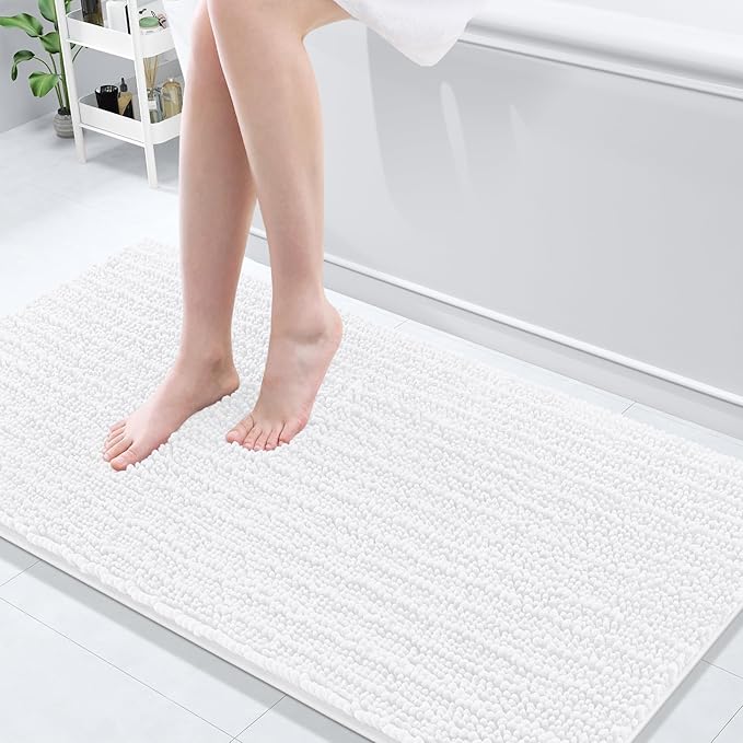 Arotive Luxury Chenille Bathroom Rug Mat, Extra Soft Thick Absorbent Shaggy Bath Rugs, Non-Slip Machine Wash Dry, Plush Bath Mats for Bathroom, Shower and Tub, 60x24, White
