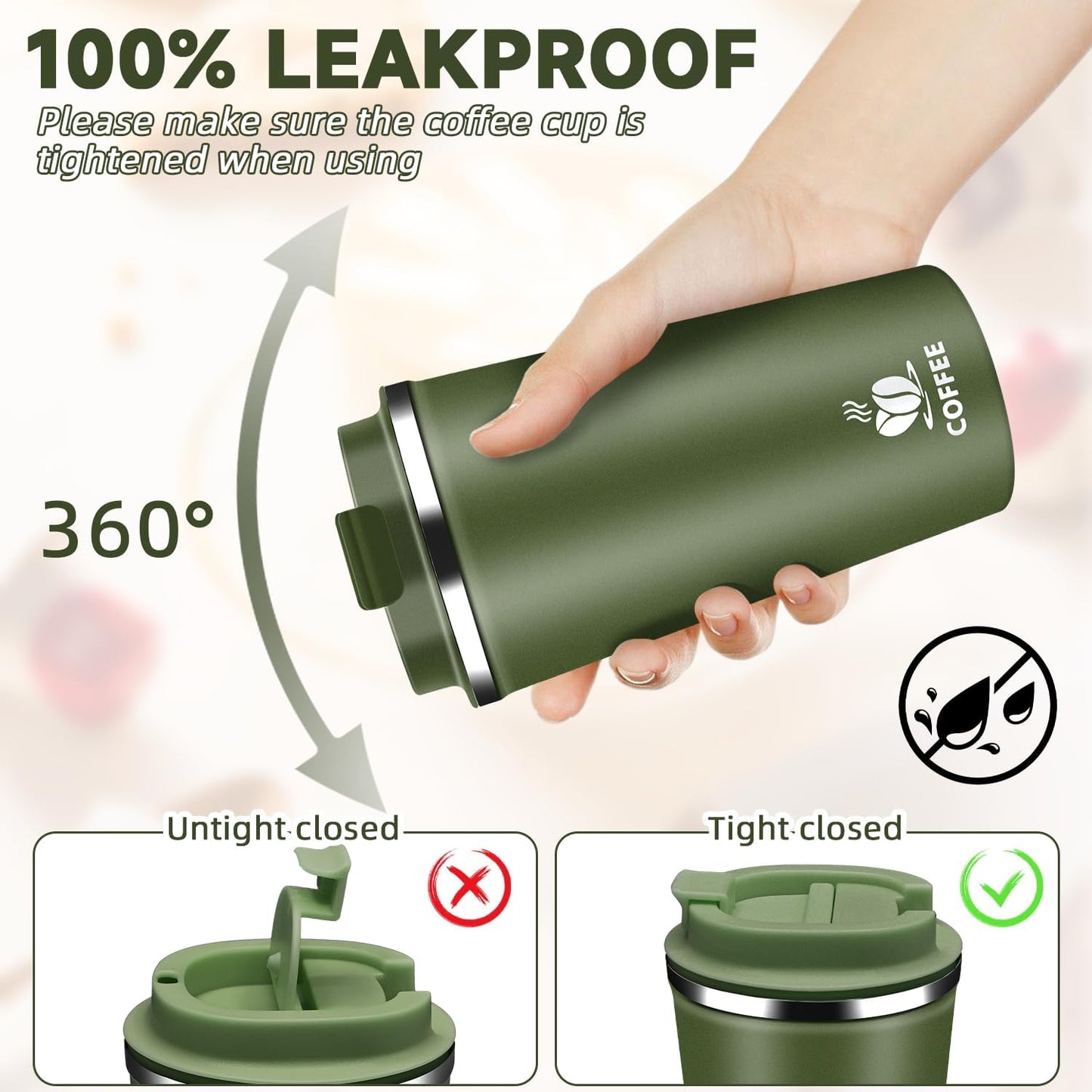 Insulated Travel Coffee Mug Reusable Coffee Tumbler Cup with Flip Lid Leak Proof Spill Proof for Office School Party Camping Hot and Cold Drink,Stainless Steel 17oz (Army Green)