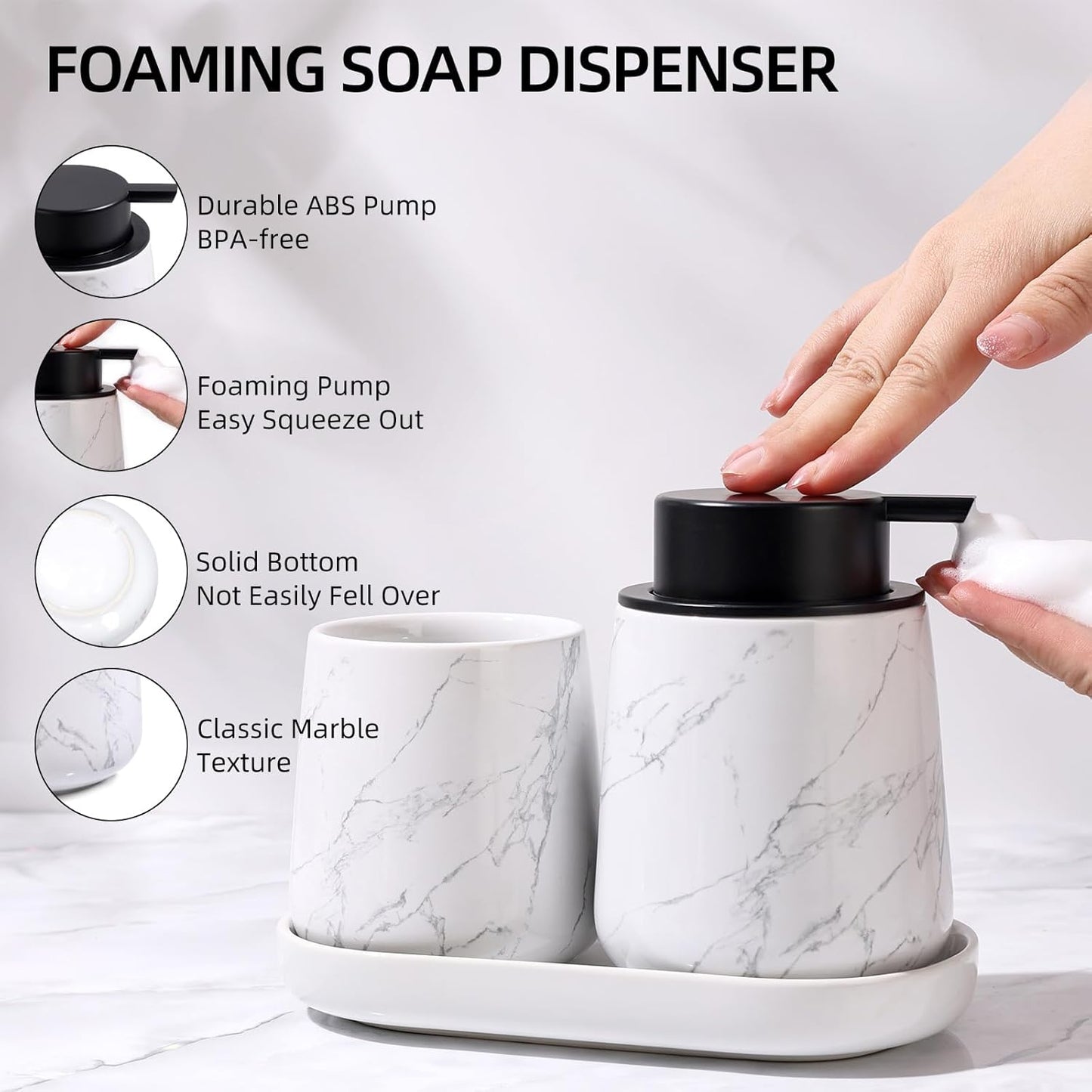 BosilunLife Bathroom Accessories Set 3 pcs - Bathroom Ceramic Foaming Soap Dispenser Set Farmhouse Marble Bathroom Decor, Foam Soap Dispenser and Toothbrush Holder/Tumbler Cup, Tray