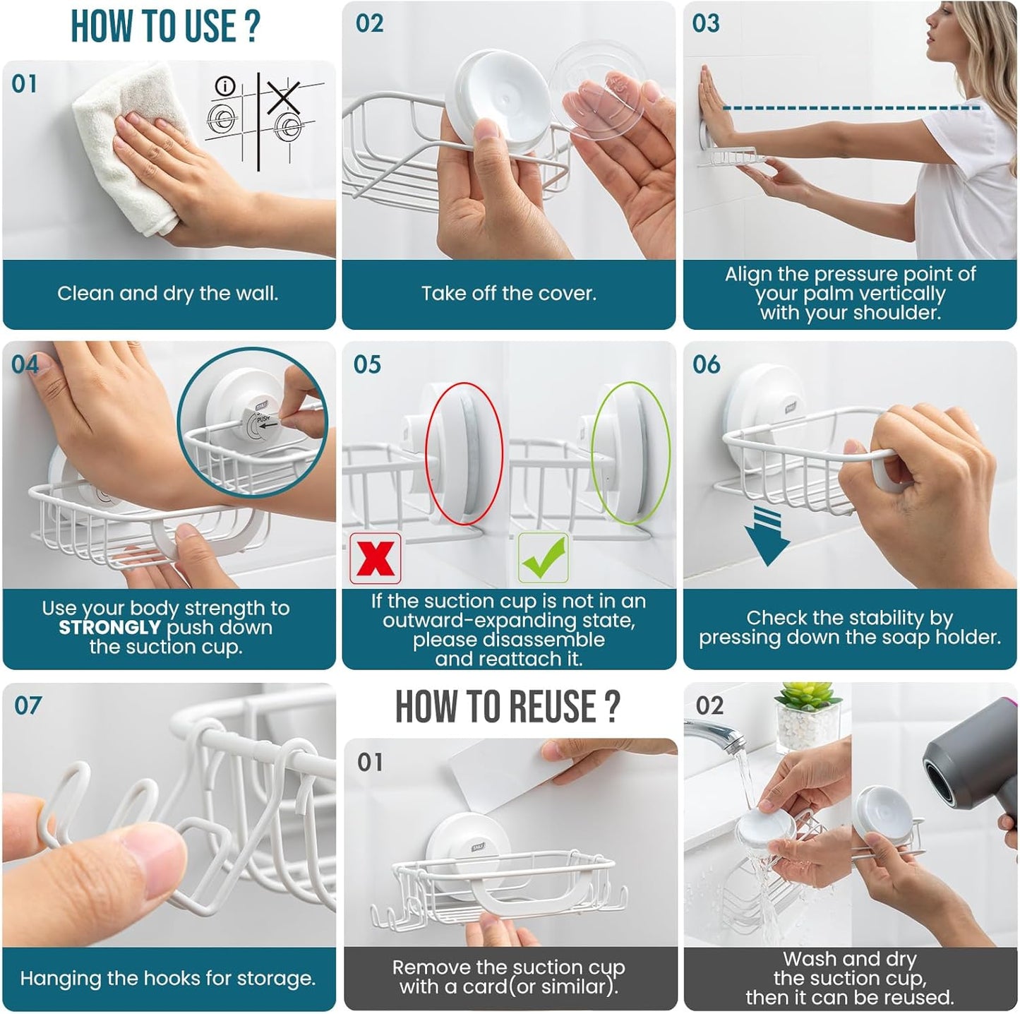 TAILI Soap Bar Holder Dish with Hooks, Shower Soap Tray Saver Suction Cup with Razor Holder for Wall, Rustproof Stainless Steel Bath Shampoo Caddy for Bathroom Accessories Organizer,Sink,White