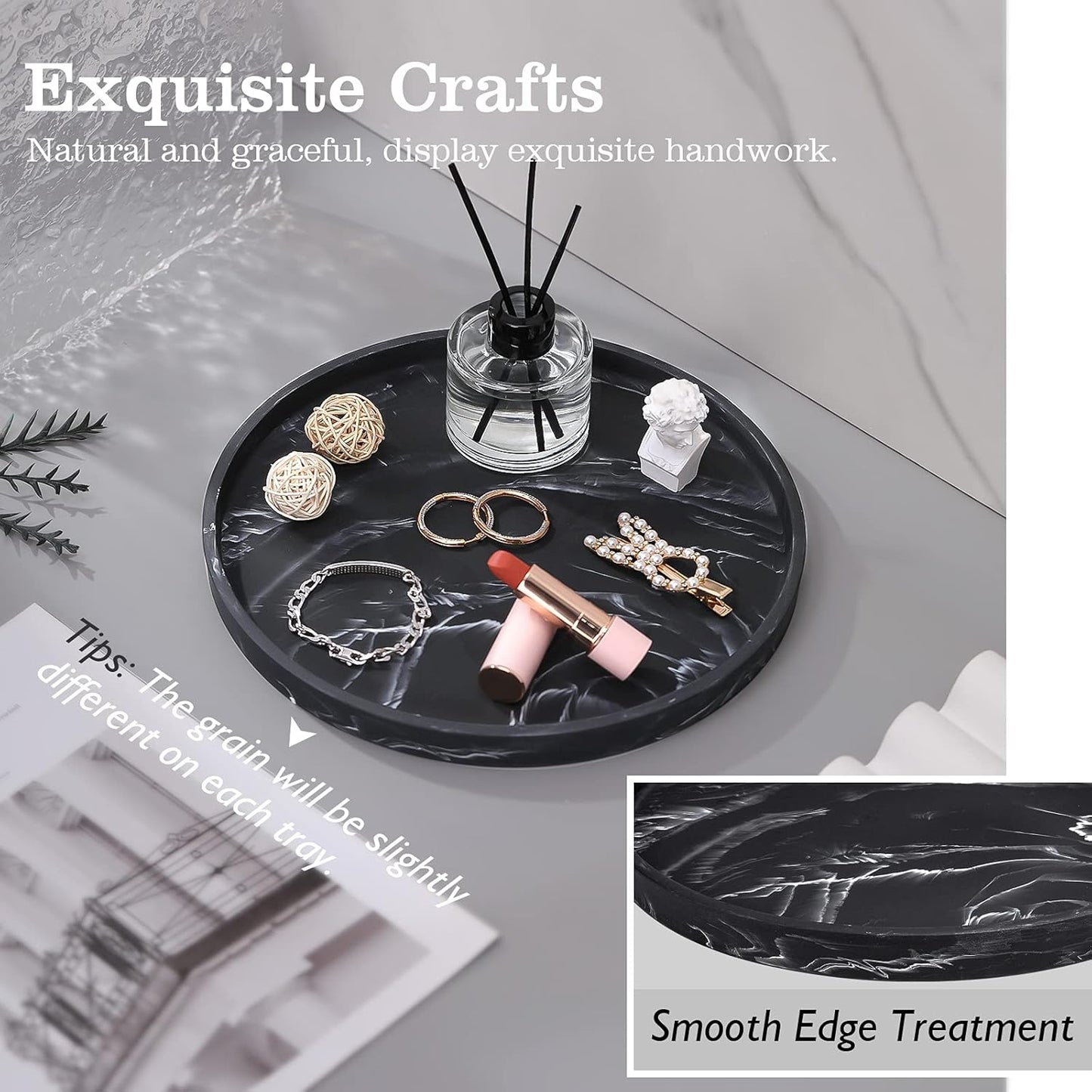 Emibele Vanity Tray, Resin Round Tray Decorative Storage Organizer for Bathroom Toilet Tank Bedroom Kitchen Countertop, Jewelry Storage Dresser Tray for Candle,Lotion Bottle,Cosmetics, Matte Ink Black