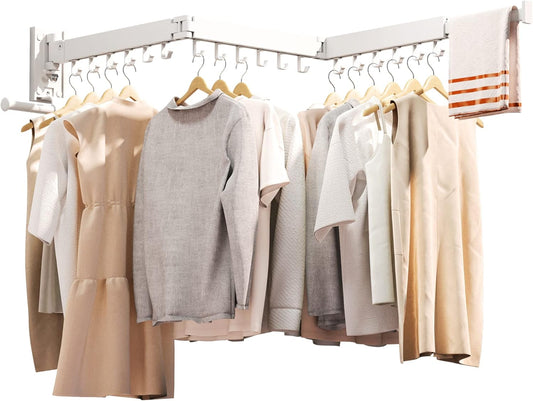Clothes Drying Rack,Laundry Drying Rack Wall Mount, Wall Mounted Clothes Rack,Retractable,Collapsible(Tri-Fold),Drying Rack Clothing,can Fold Upward & Left & Right,Space Saver, White Color