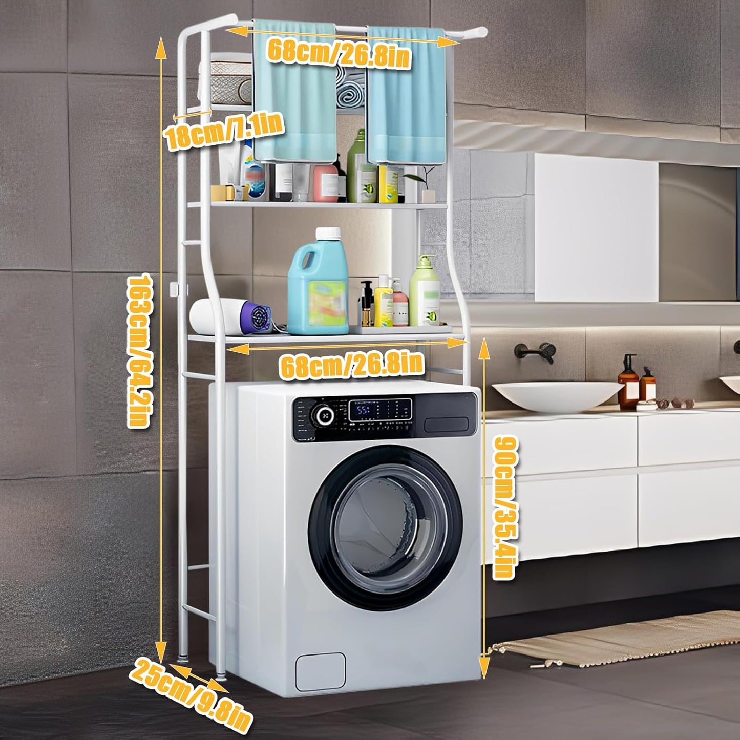 Over The Washer And Dryer Storage Shelf, 3-Tiers Over Dryer Storage Organizer for Space-Saving, Over Dorm Fridge Shelving Unit for Laundry Room Bathroom (Black)