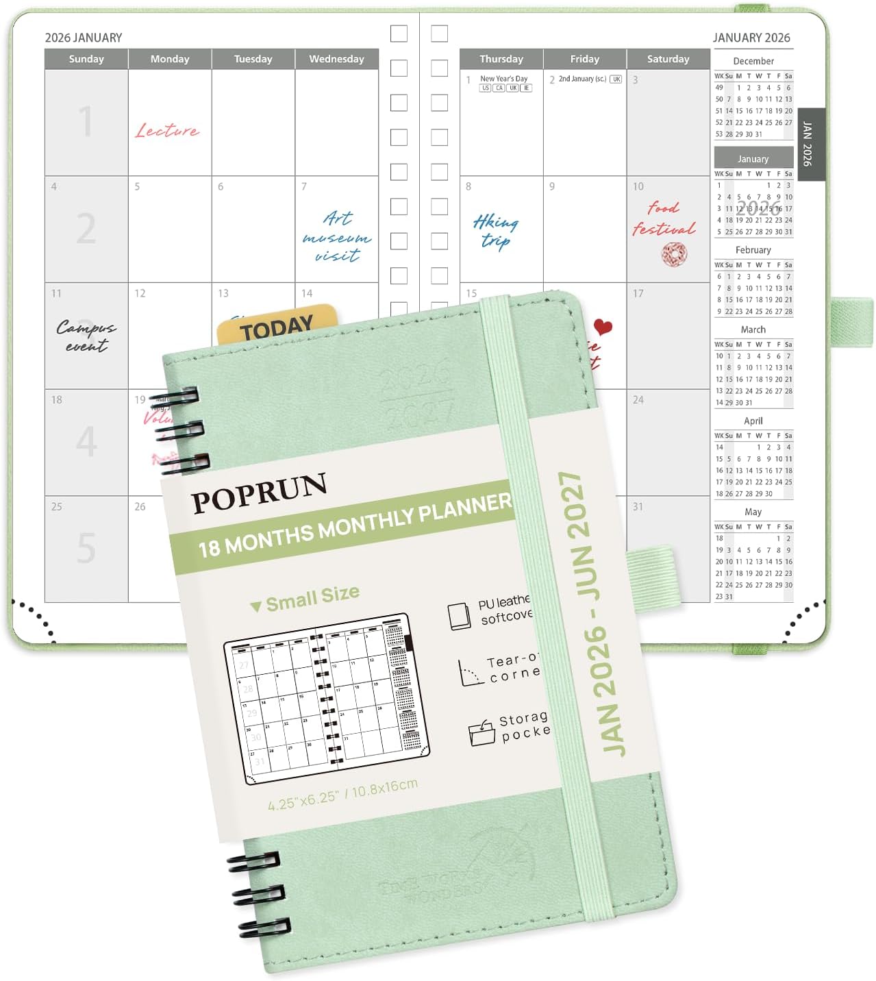 POPRUN Monthly Planner 2026-2027 (Pocket 4.25" x 6.25") 18 Months Calendar (Jan 2026 - Jun 2027) - 4 Pages per Month with Expense & Notes, Leather Cover, Sunday Starts - Green