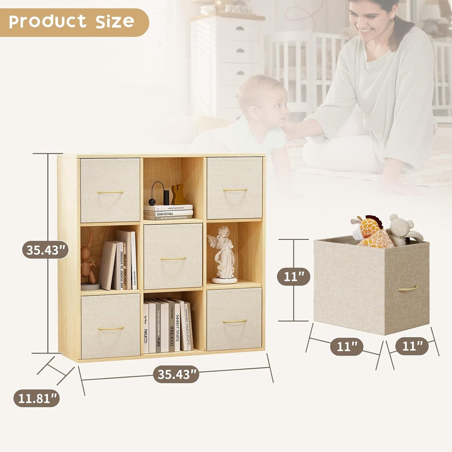 9 Cube Storage Organizer - Solid Wood Bookshelf with 5 Storage Bins, Cube Shelf with 3 Removable Back Panels, Vertical or Horizontal Bookcase, Open Book Shelf for Bedroom, Living Room, Office