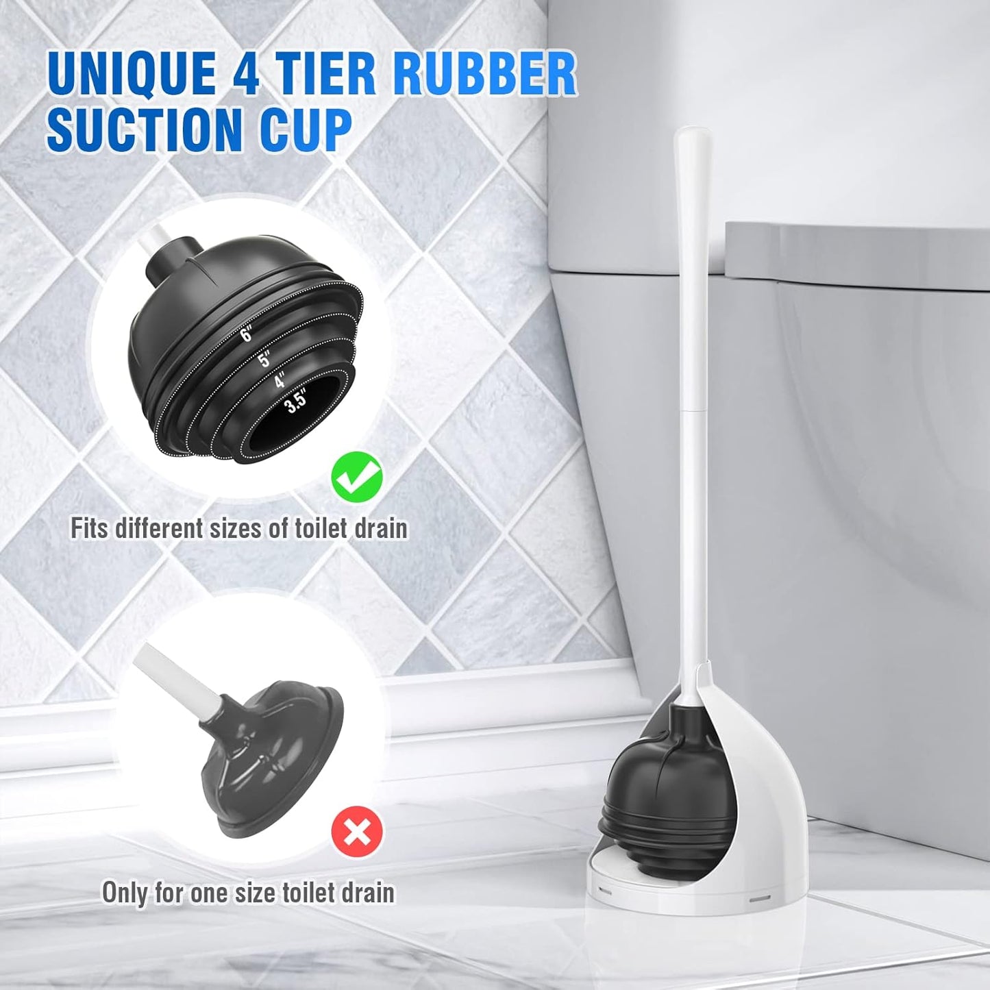 uptronic 2 Pack Toilet Plunger with Holder, Unique Plunger with All-Angle Design, Plungers for Bathroom for 5.7-inch Toilet Drain, Toilet Plunger Heavy Duty- White