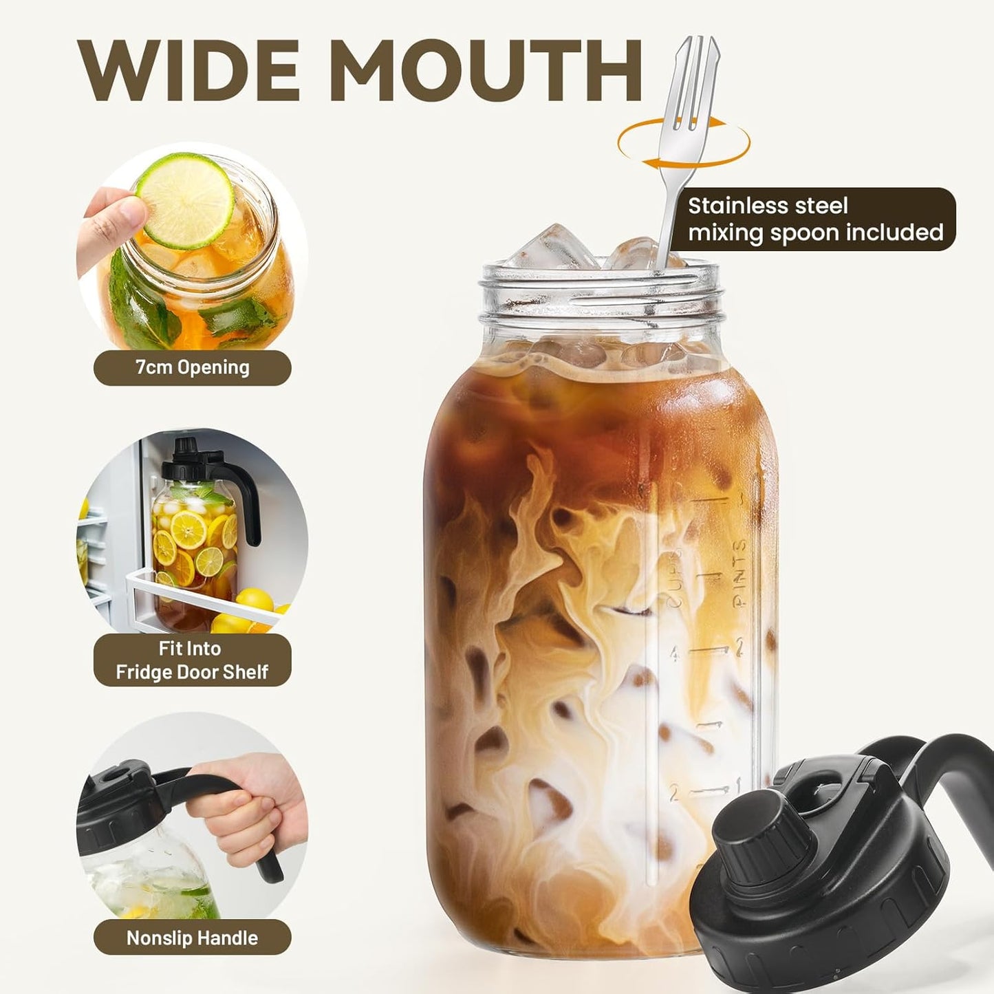 2 Pack Airtight Glass Pitcher with Lid for Fridge (Anti Cross-Odor) -Heavy Duty Leakproof Mason Jar Pitcher with Spout, Water Jug for Juice Coffee/Sun Tea + Mixing Spoon, Brush, Labels -2 Qt/64 Oz