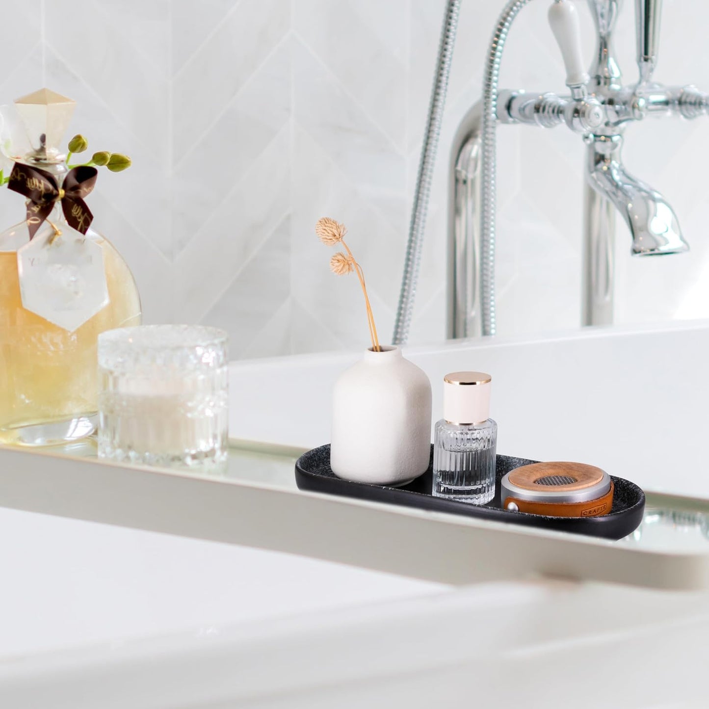 Large Ceramic Bathroom Vanity Tray, 10" Decorative Tray for Countertop, Soap Dispenser Tray for Kitchen Sink, Countertop Organizer for Jewelry, Cosmetics, Candles, Lotion and Perfume (Snow)