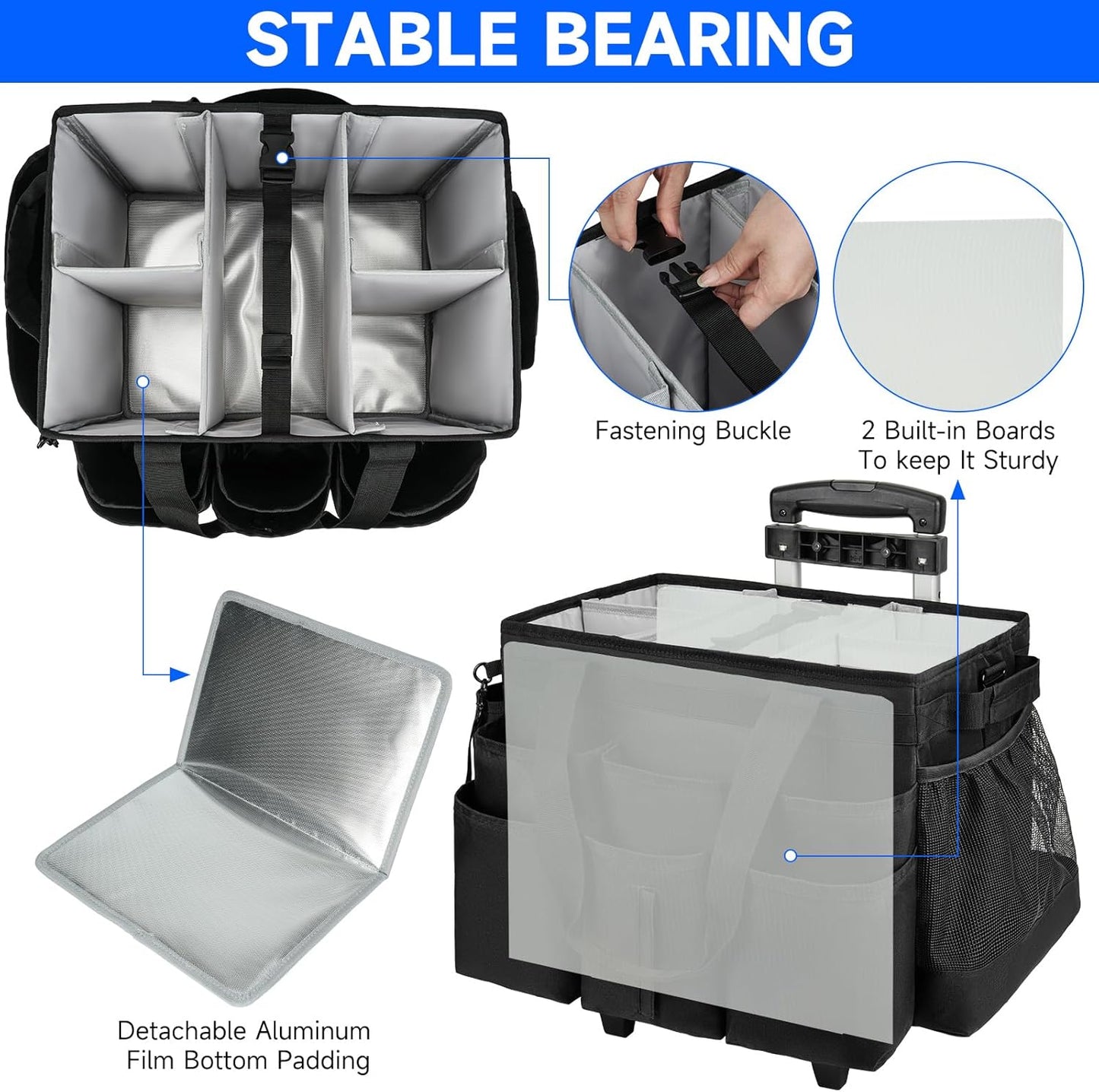 Large Rolling Cleaning Caddy Bag with Detachable Trolley,Cleaning Cart on Wheels with Shoulder Strap,Cleaning Supplies Organizer for Housekeepers,Black