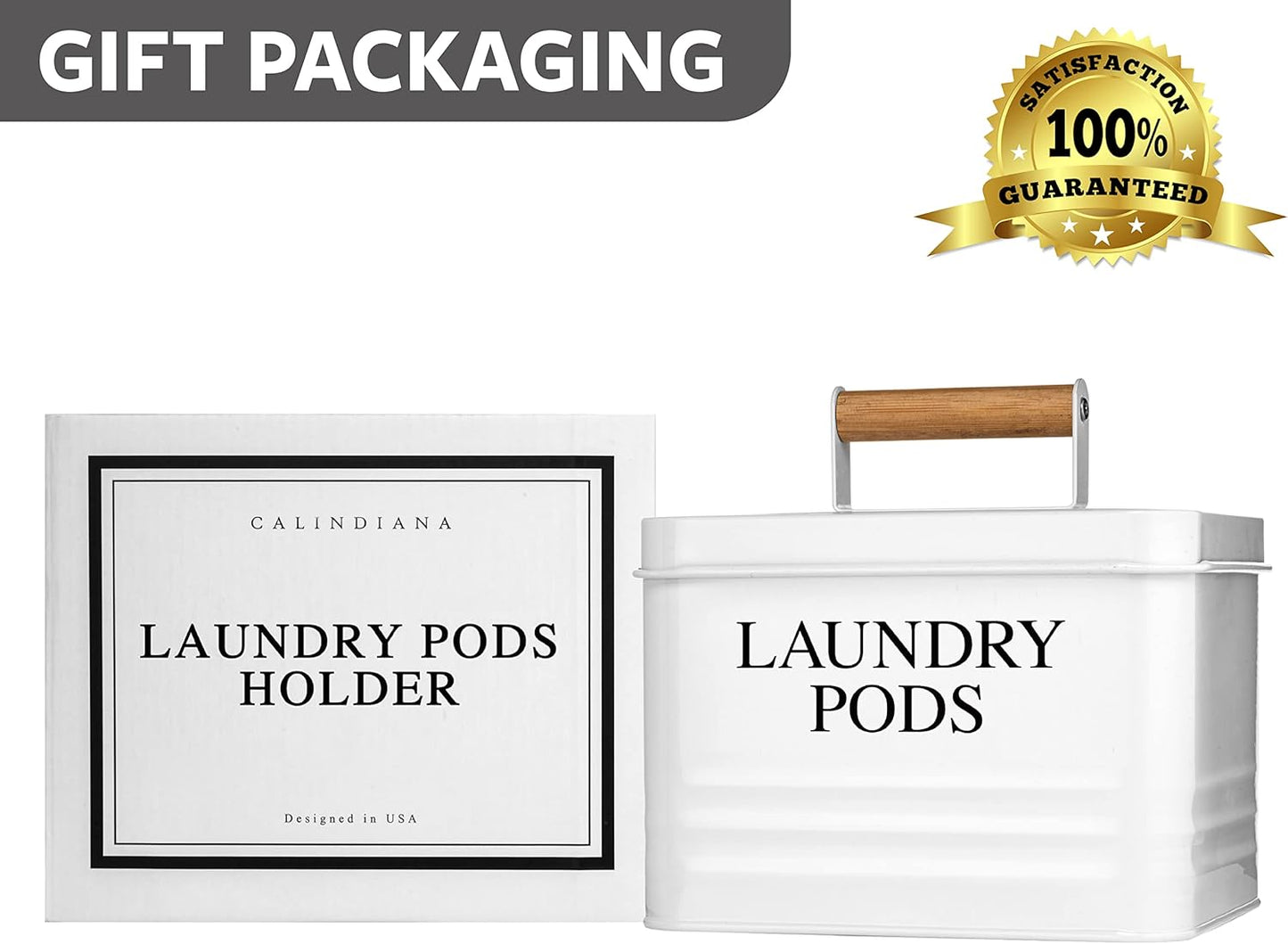 Calindiana Modern Farmhouse Metal Laundry Pods Holder Container with Lid for Laundry Room Decor and Accessories and Space Saving Organization and Storage, Holds 81 Laundry Pods, White