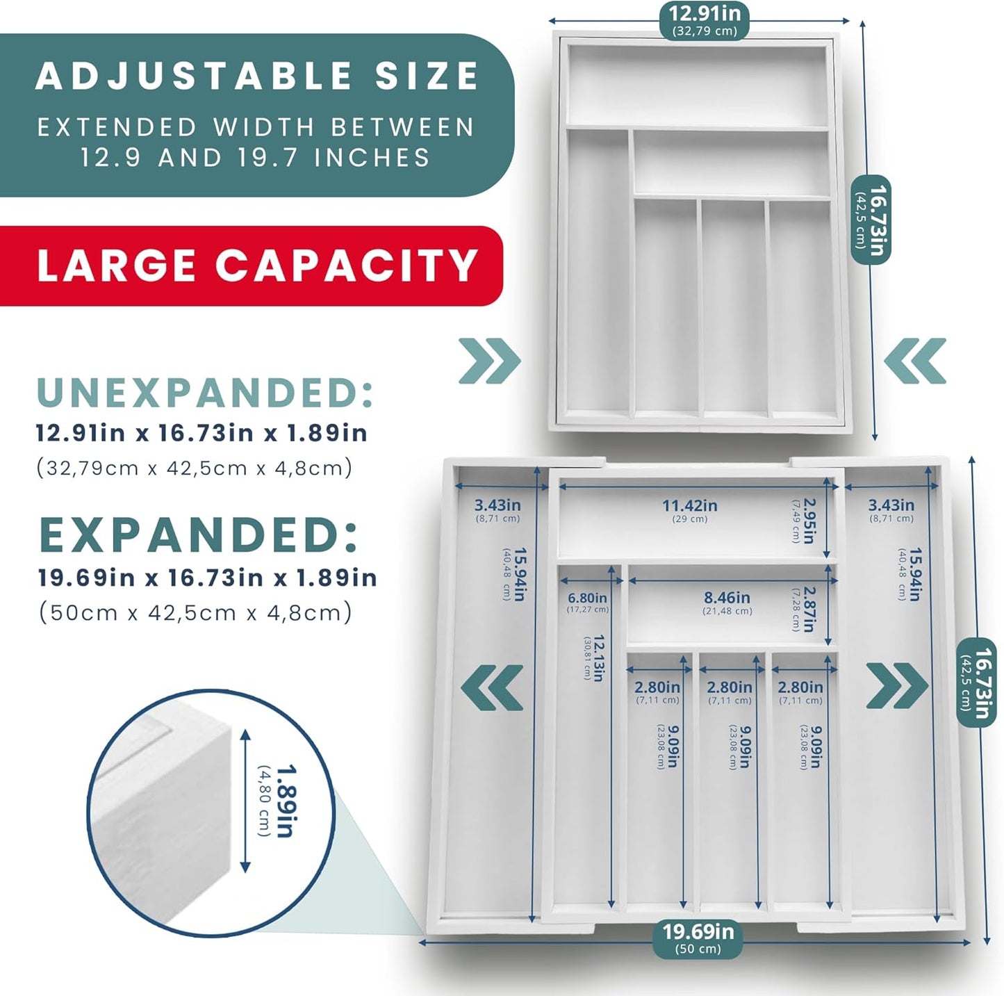 Sben Expandable Drawer Organizer for Utensils Holder, Adjustable Cutlery Tray, 6-8 Slots, Premium Wood Drawer Dividers Organizer for Silverware, Flatware, Knives for Kitchen (White)