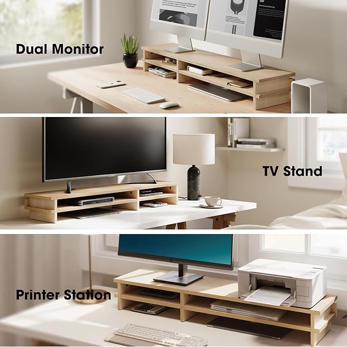 Fenge Dual Monitor Stand, 39.4in Wood Monitor Riser for 2 Monitors, 2 Tiers Desk Shelf with Cable Mangement for Top of Desk, Computer Stand for Laptop, PC, Printer