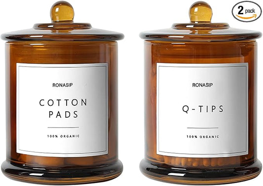 Qtip Holder & Cotton Pad Dispenser, Bathroom Organizer and Storage Canisters, 16oz Glass Apothecary Jars for Kitchen, Restroom - Home Decor Accessories, Room Decor Aesthetic (2 Pack, Amber)
