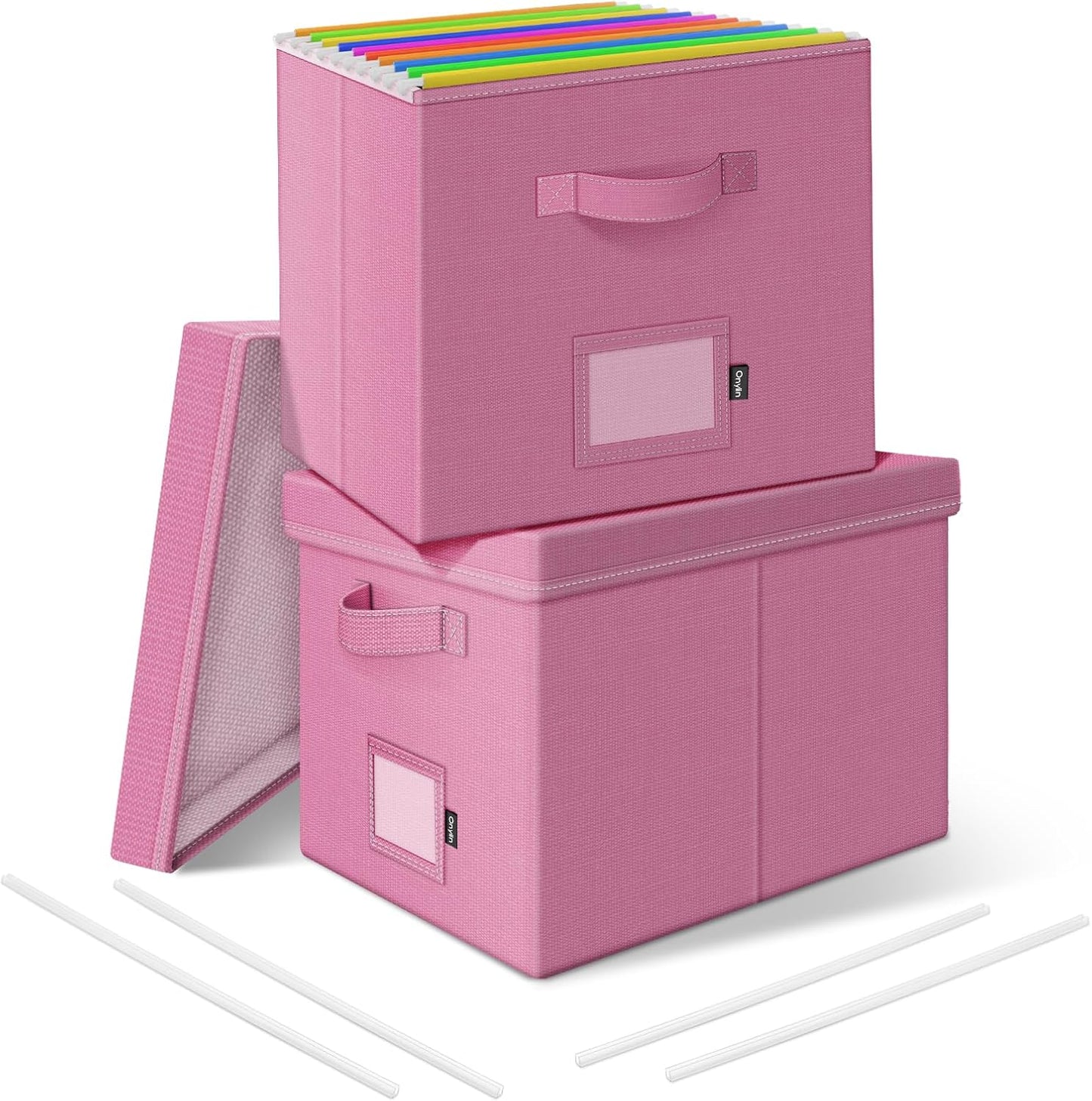 File Organizer Boxes with Lid, Linen Hanging File Storage Boxes with Handle, Collapsible Document Filling Boxes for Letter/Legal Folder, Portable File Box for Office/Decor/Home (2 Pack, Pink)