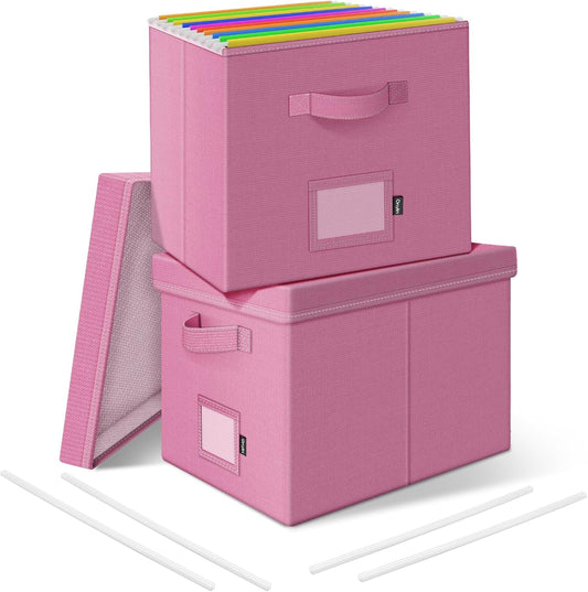 File Organizer Boxes with Lid, Linen Hanging File Storage Boxes with Handle, Collapsible Document Filling Boxes for Letter/Legal Folder, Portable File Box for Office/Decor/Home (2 Pack, Pink)