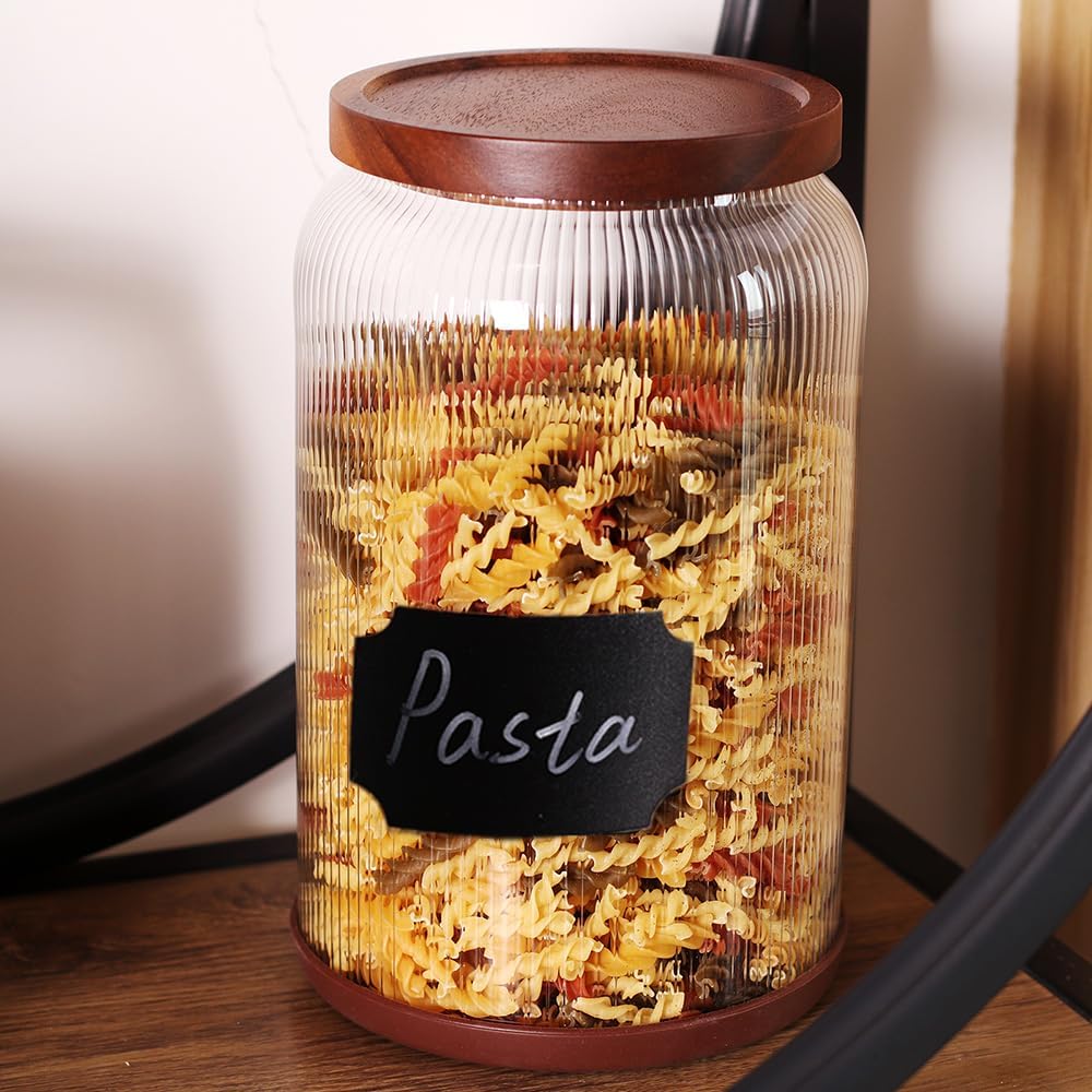 SAIOOL 2-Pack Striped Borosilicate Glass Airtight Canisters - Big mouth Large Capacity, Acacia Wood Lid, Food Storage Jars for Flour, Pasta, Pantry Organization (1 Gallon （2 Striped pack）)