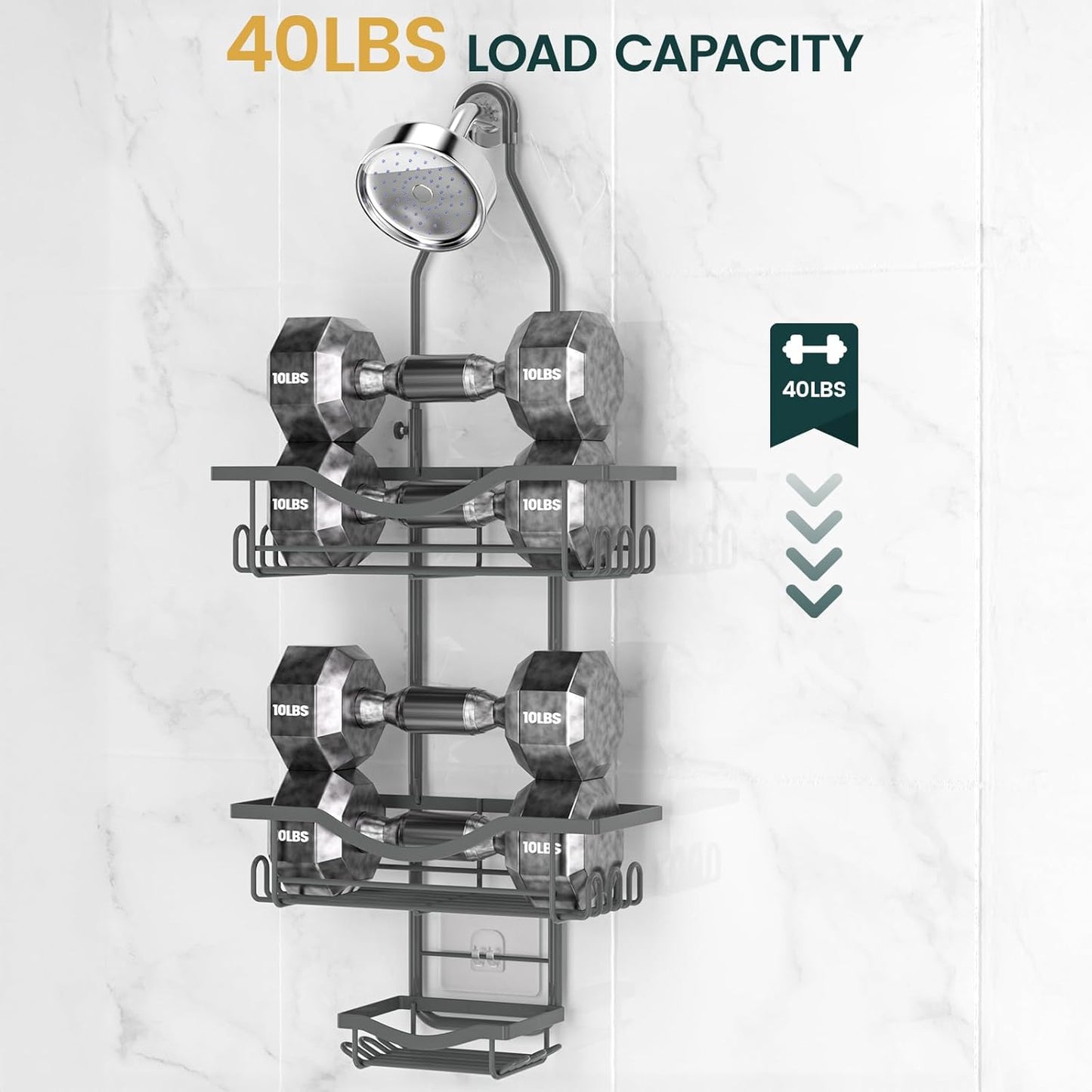 REINHARDT Shower Caddy Hanging Adjustable, Extended Length Rustproof Shower Caddy Over Shower Head with Hooks Soap Holder, Large Capacity Shower Organizer Anti-Swing Bathroom Organizer, Grey