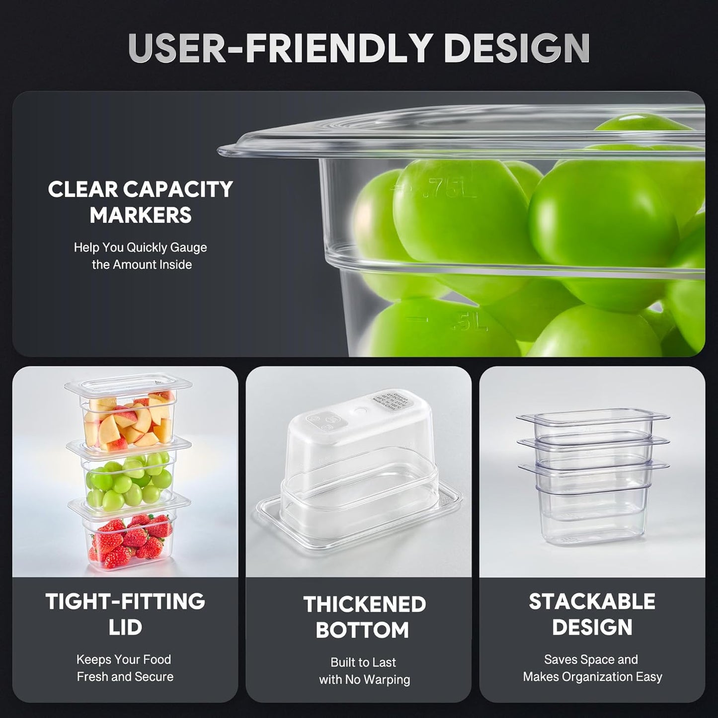 WILPREP 6 Pack Plastic Food Pans with Lids NSF Listed, 1/9 Size 4 in Deep Clear Food Storage Containers, 1.1 qt Stackable Polycarbonate Commercial Hotel for Fruits Vegetables Beans Corns