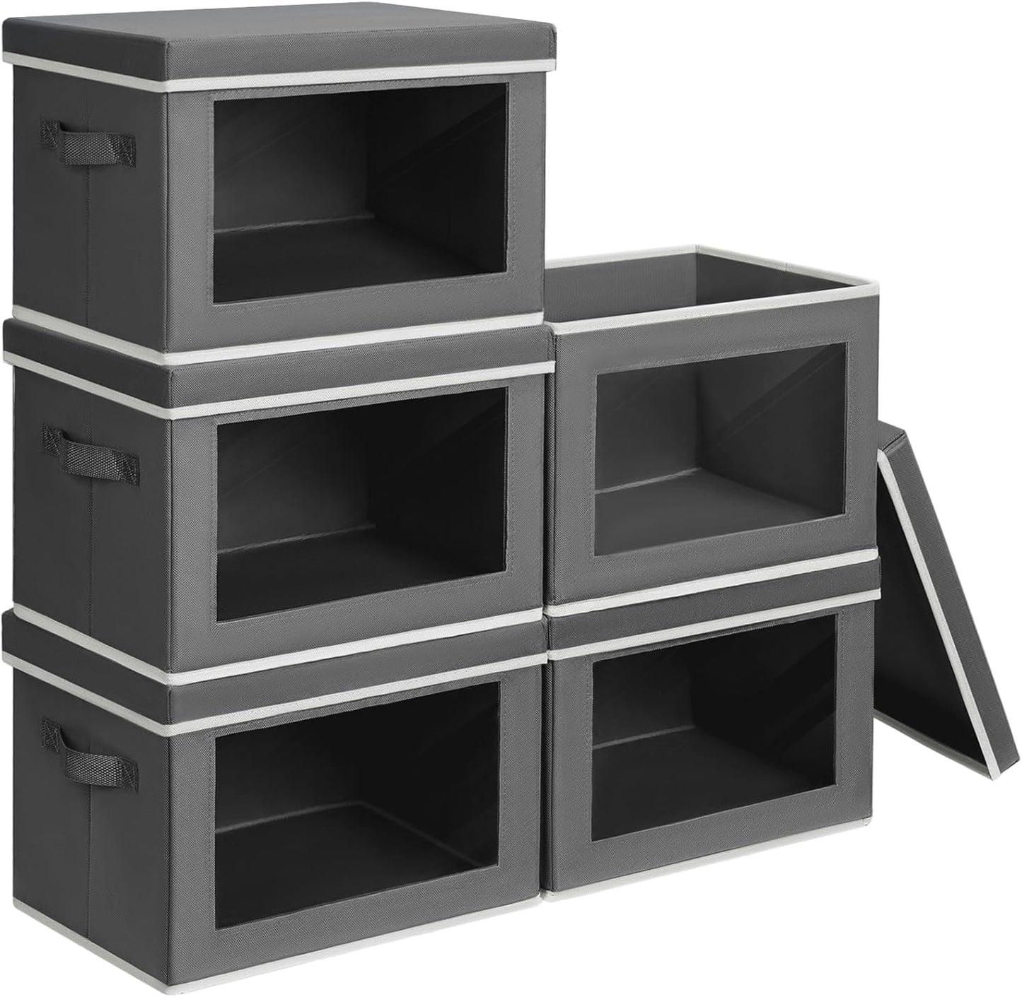 Stackable Storage Bins with Lids - Medium Storage Box with Lids, Foldable Closet Boxes for Organizing, Wardrobe Clothes Organizer with Window, Cubes Bins for Living Room, 5 Pack, Dark Grey