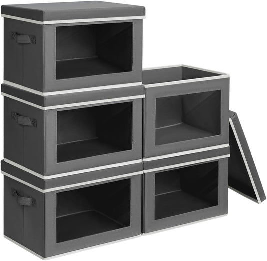 Stackable Storage Bins with Lids - Medium Storage Box with Lids, Foldable Closet Boxes for Organizing, Wardrobe Clothes Organizer with Window, Cubes Bins for Living Room, 5 Pack, Dark Grey