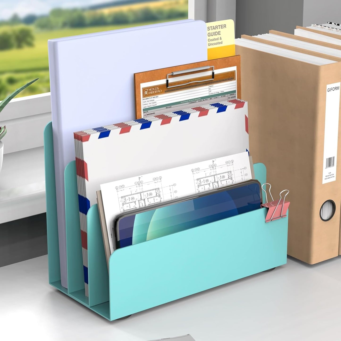 Mail Organizer Countertop, Small Desk File Organizer, Metal File Holder - Essential Workspace Organizers for Office Desk, Home Office (Blue)