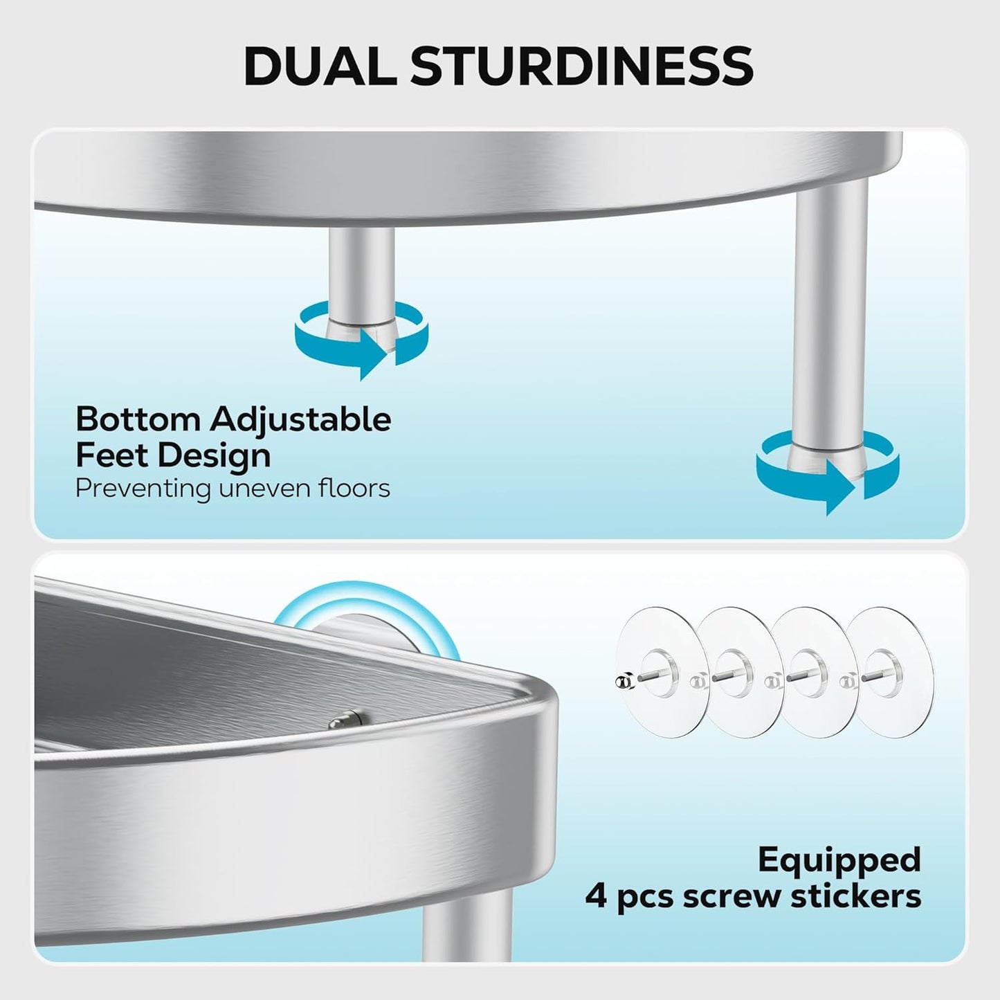 Nieifi Corner Shower Caddy Stand-3 Tier Rustproof Anodized Aluminum Standing Shower Organizer-Shower Caddy Corner-Dual Stability to Anti-Shaking-Height-Adjustable Legs for Uneven Surfaces-Silver