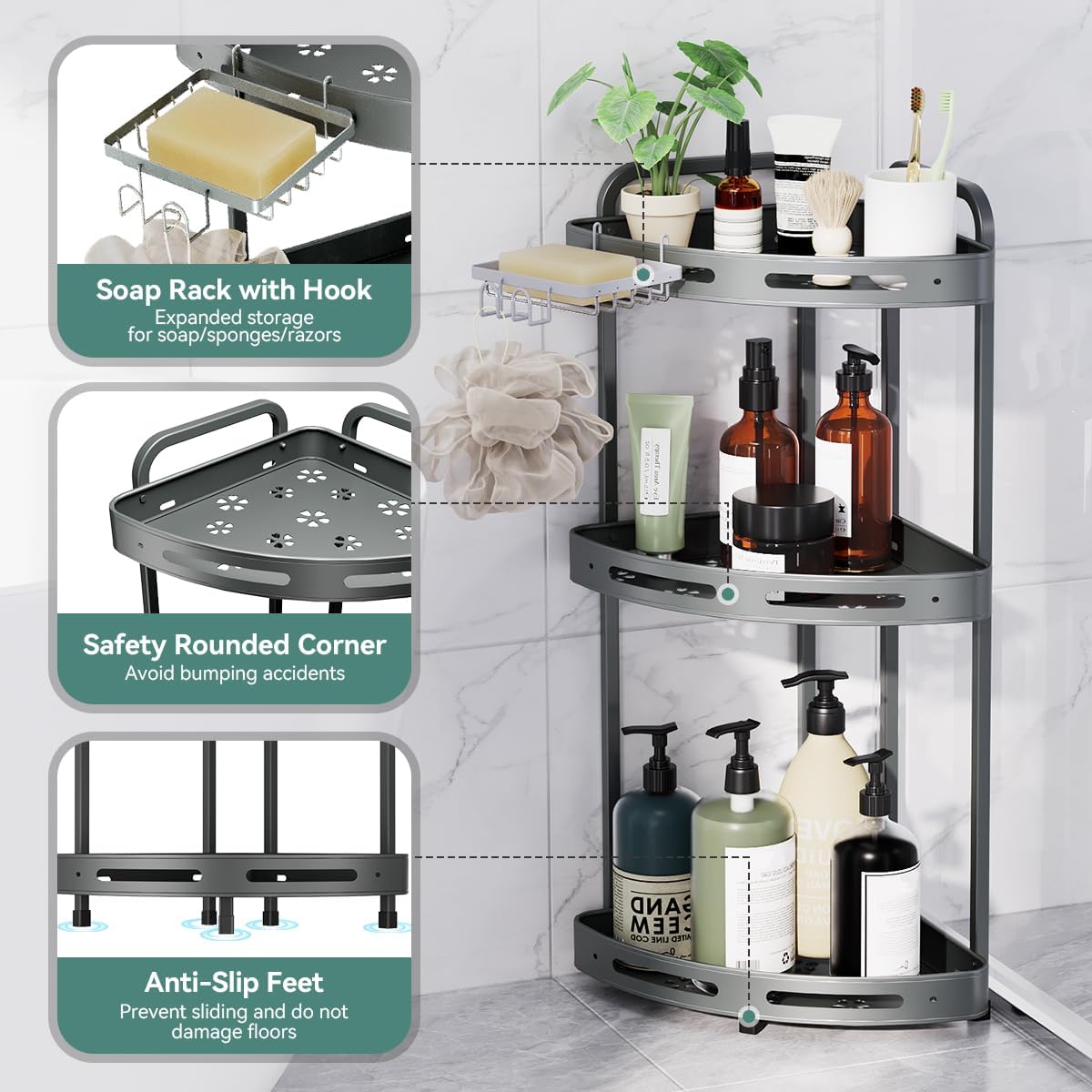 Corner Shower Caddy Standing, 3-Tier Rustproof Shower Organizer with Soap Holder, Aluminum Shower Shelf Stand for Bathroom Storage, Gray
