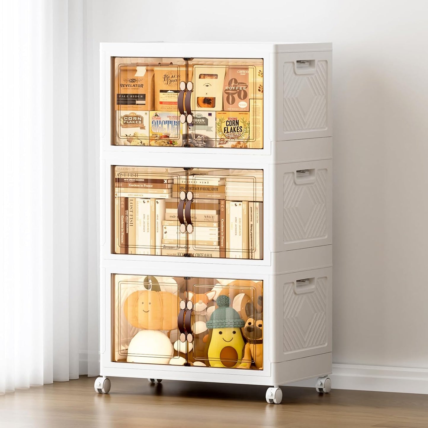 JEKO&JEKO 246Qt Stackable Storage Bins with Lids and Wheels, Foldable Collapsible Plastic Boxes for Clothes, Home, White, 3 Pack