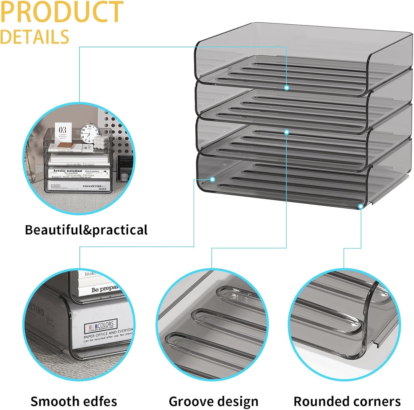 4-Tier Acrylic Paper Tray Organizer - Low-Profile Desk File Sorter for Office/Home, Brown Stackable Letter Tray for Bills, Crafts, Notebooks
