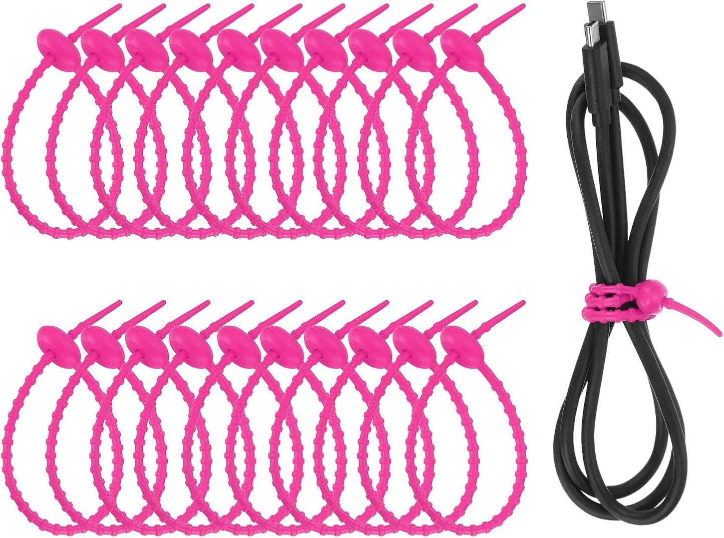 uxcell 20 Pcs Silicone Ties Bag Clip, 8.5 Inch Multi Purpose Silicone Zip Ties Reusable Rubber Zip Tie, Cable Strap Cord Organizer for Home Office Food Bag Wires Cables, Rose Red