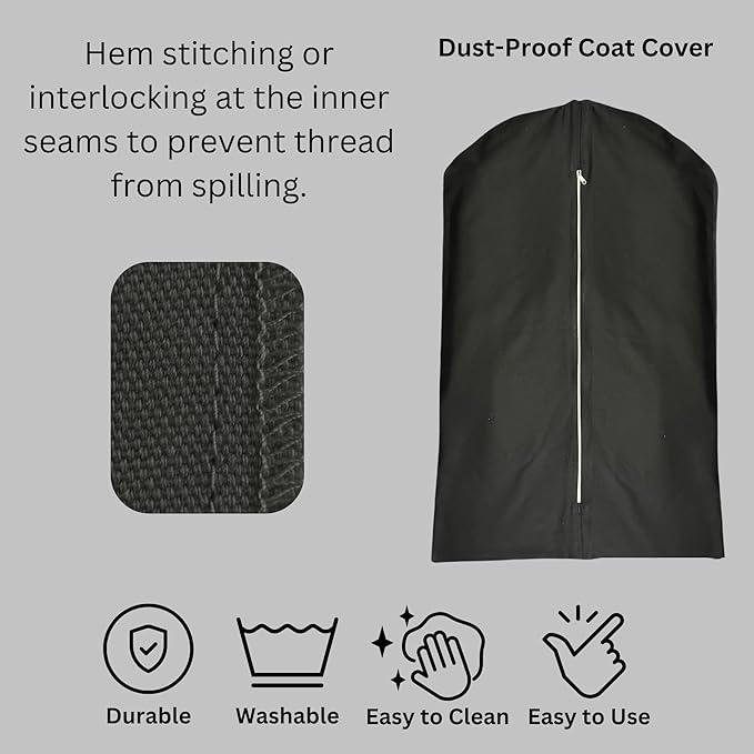 Premium 100% Cotton Garment Bags – 48" Black Canvas Suit Cover with YKK Zipper – Breathable, Dust-Proof Storage for Suits, Coats, Dresses, Jackets & Travel/Closet Use