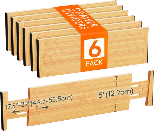 Lifewit 6 Pack 5" Deep Bamboo Drawer Dividers, 17.5-22" Expandable Drawer Organizers for Clothes, Adjustable Dresser Drawer Divider, Clothing Drawer Separators for Dresser, Bedroom, Bathroom, Kitchen