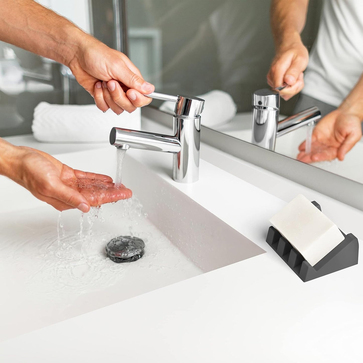 Silicone Soap Dish (USA Patented) Self Draining Bar Soap Holder for Shower Bathroom Sink, Drying Soap Dish Tray Kitchen Sponge Holder Easy Cleaning Soap Saver Mat (Dark Grey, 1)