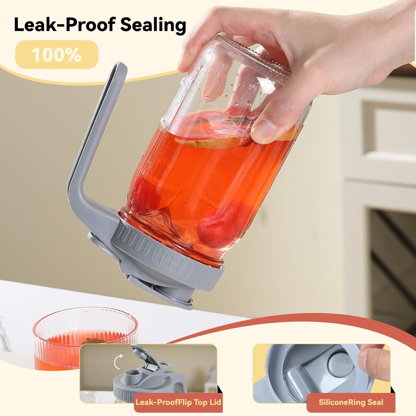 Novelinks 32OZ Glass Pitcher with Lid, Wide Mouth Mason Jar Pitcher, Leak-proof Water Jug for Juice, Milk,iced Coffee Lemonade Tea,2 Pack