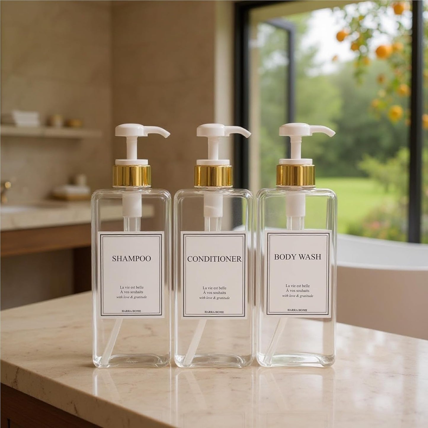 Modern Gold Design 27 oz Shampoo and Conditioner Dispensers - Plastic Refillable Pump Bottle Set for Bathroom Shower Soap Dispenser, Gift Box Included, Set of 3 (Clear & White)