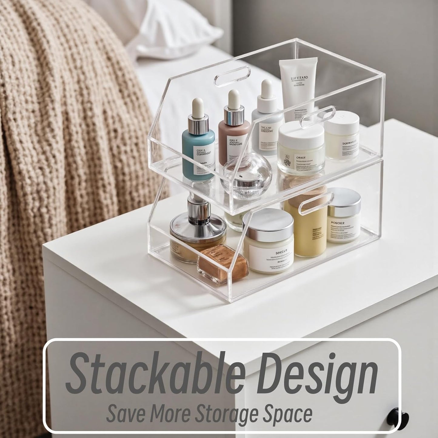 Gelite Stackable Storage Bin Organizer with Handles Acrylic Storage Container for Toy Pantry Kitchen Cabinet Bathroom Closet Office Organization, 11.4x7.5x5.1'', Clear