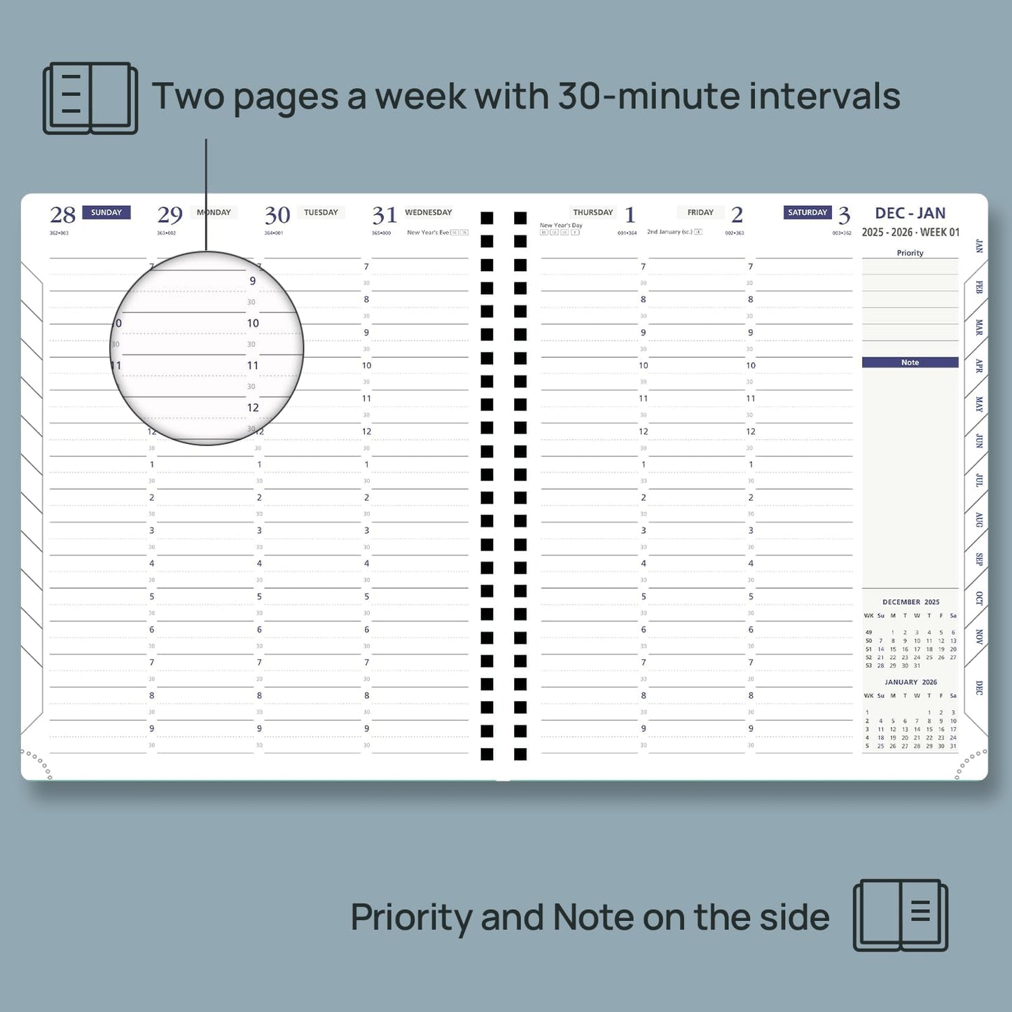 POPRUN 2026 Weekly Planner 30-Mintue (Medium 7'' x 8.5'') - From Jan 2026 to Dec 2026 - Two Pages Per Week Appointment Book with Monthly Tabs, Softcover, Inner Pocket, Pen Holder - Ink Blue