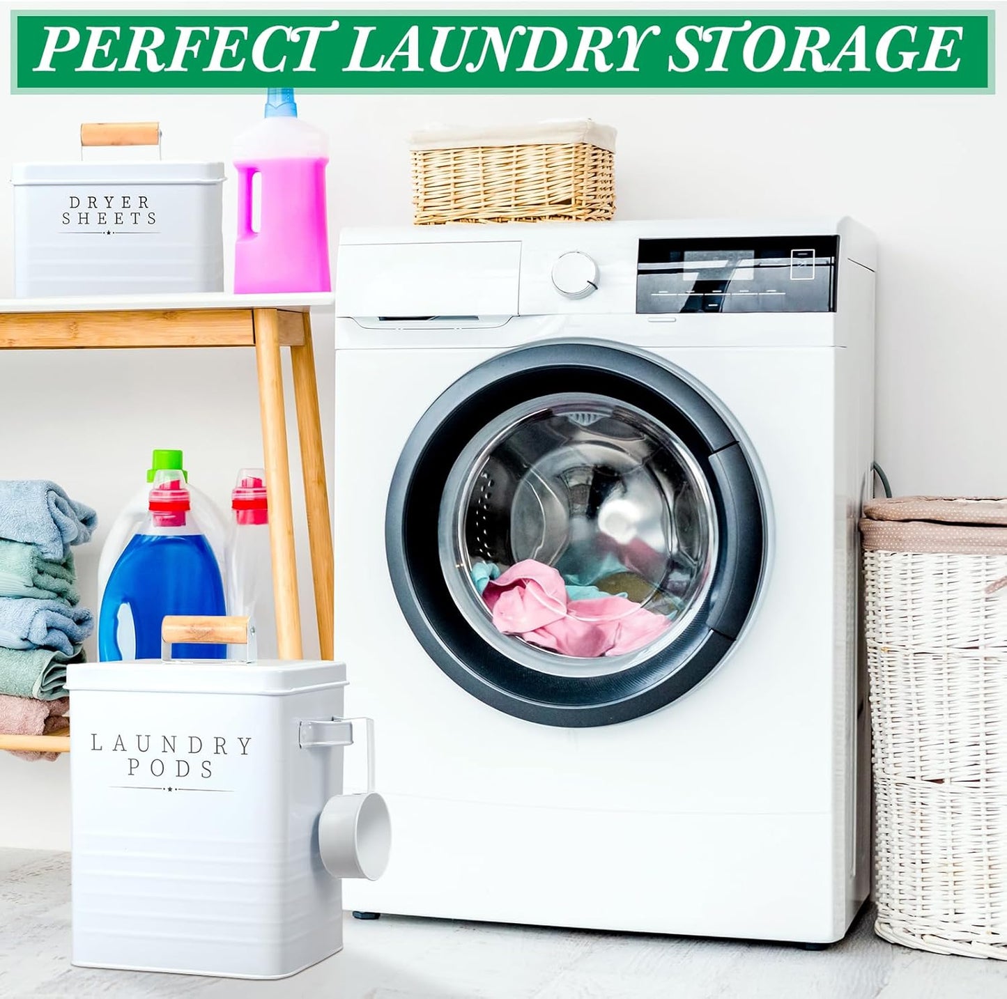 2 Pcs Laundry Pod Container with Dryer Sheet Holder Farmhouse Laundry Room Decor Organization and Storage Detergent Container Box with Lid Handle Metal Dryer Sheet Dispenser(White)