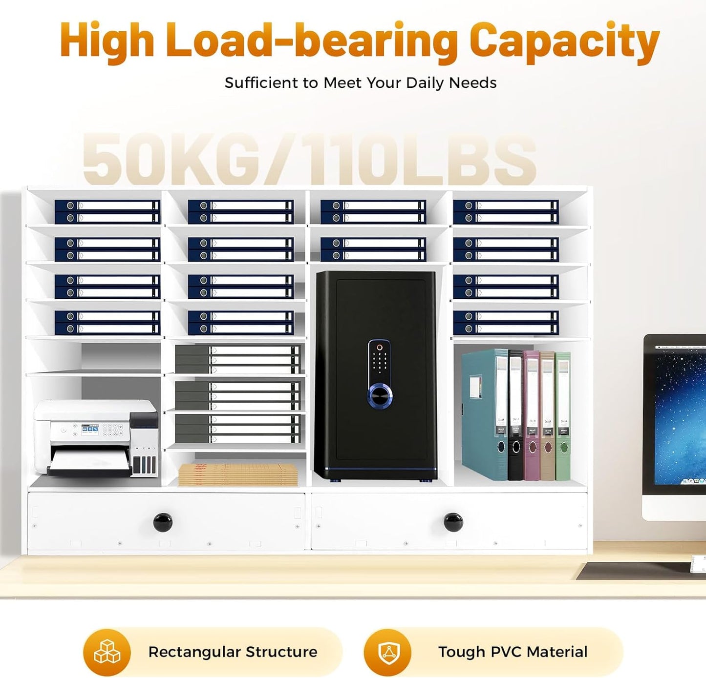 Literature Organizers, Mail Sorter Organizer Adjustable Shelves and 2 Drawers Desktop File Sorter Paper Organizer for Home School Office (White, 32 Slots with 2 Drawers)