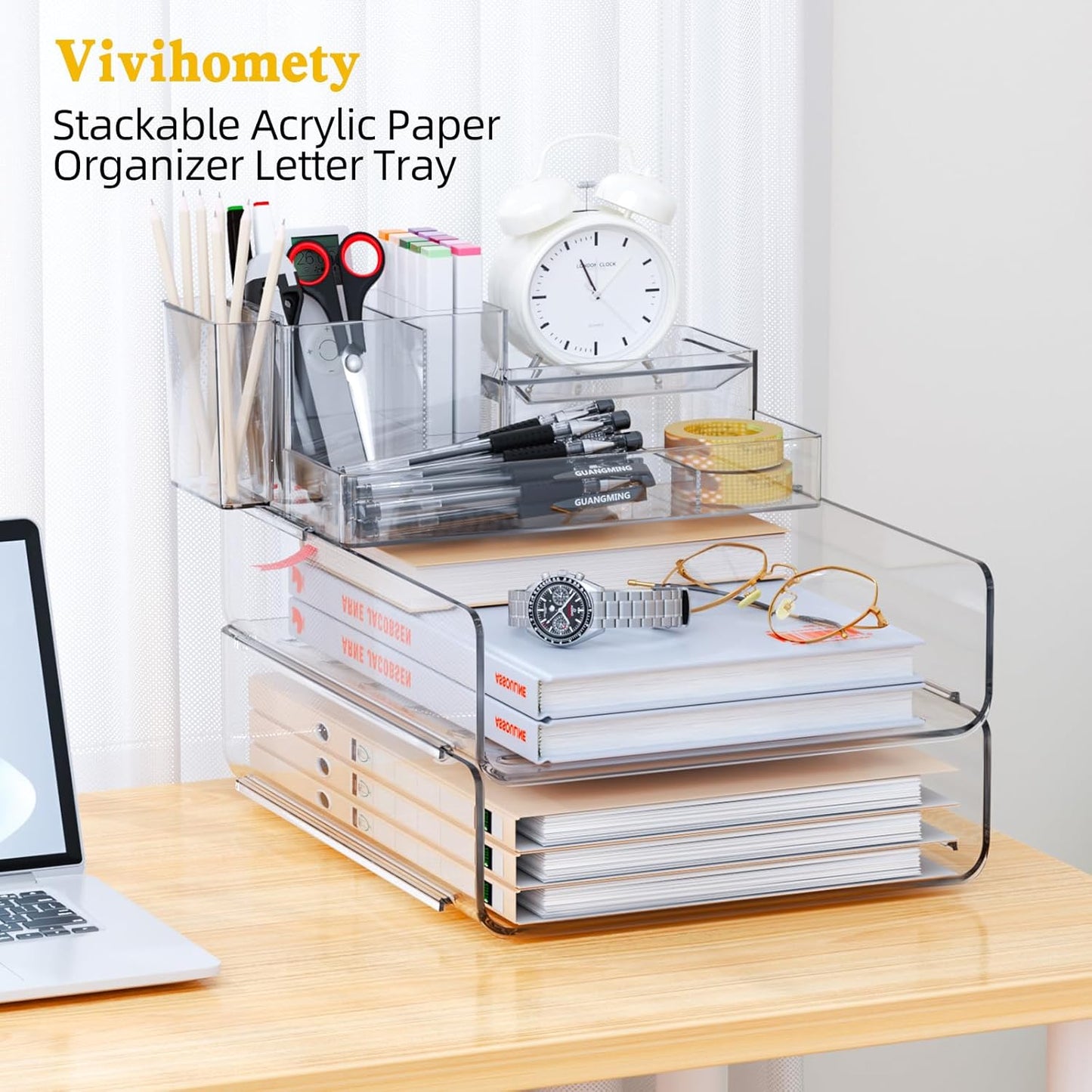 YKLSLH Paper Organizer Letter Tray - Acrylic Stackable Desk File Organizer with 5-Gird Tray and Pencil Holder, Clear Paper Sorter Office Organizer for Letter/A4, Office File Ipad Books Notes Etc