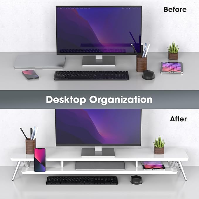 Fenge Dual Monitor Stand, Monitor Stands Riser for 2 monitors, 42.5 Inch Wood Desk Shelf with Storage Organizer and Cable Management for Office Desk Accessories