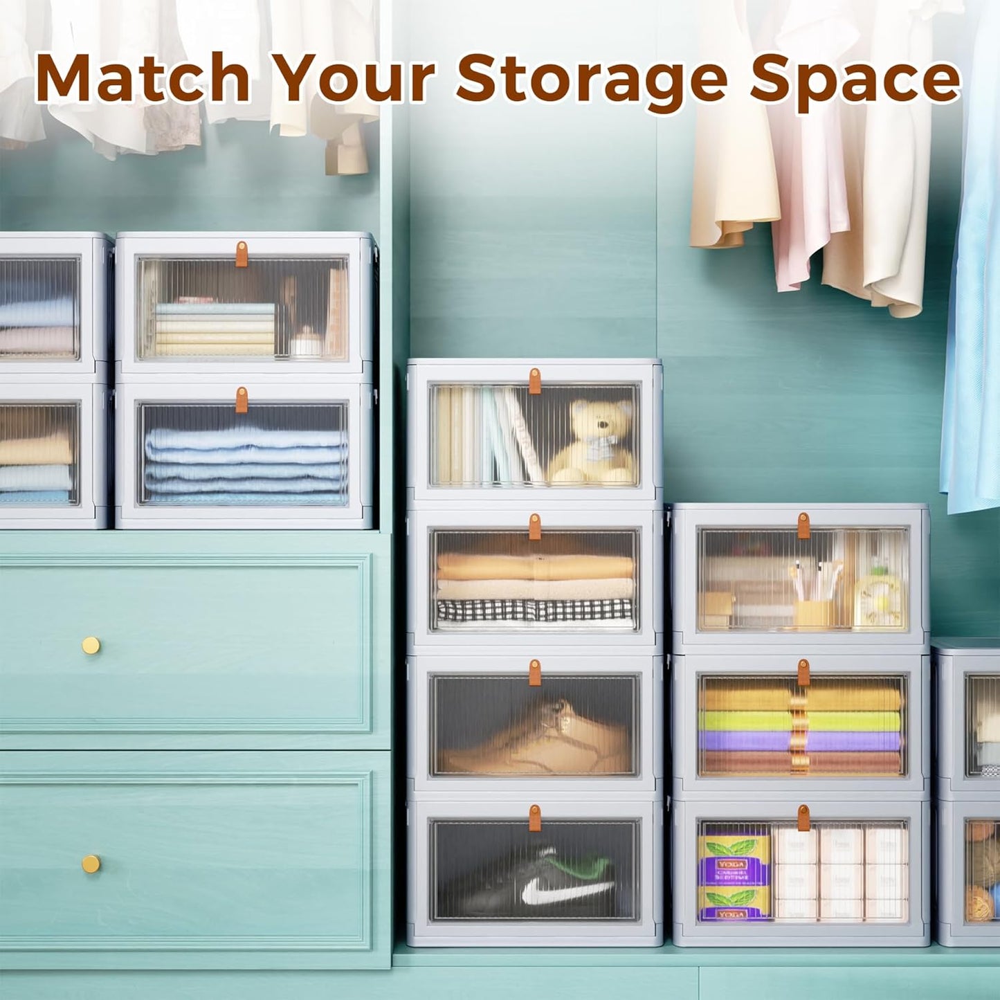 4 Tier Stackable Plastic Storage Bins with Lid and Wheels - 23 QT Closet Organizers and Storage, Foldable Storage Containers, Organization and Storage Boxes for Craft, Home, Pantry, Dorm, Grey