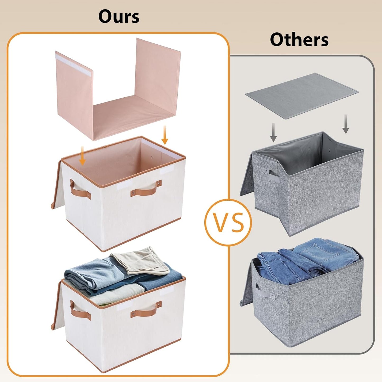 Univivi Heavy Duty Fabric Storage Bins with Lid, Large 17" 10 Gallon Stackable Storage Bins with Leather Handles, Decorative Storage Boxes with Lids for Bedroom, Closet, Nursery, Office, 3-Pack(Beige)