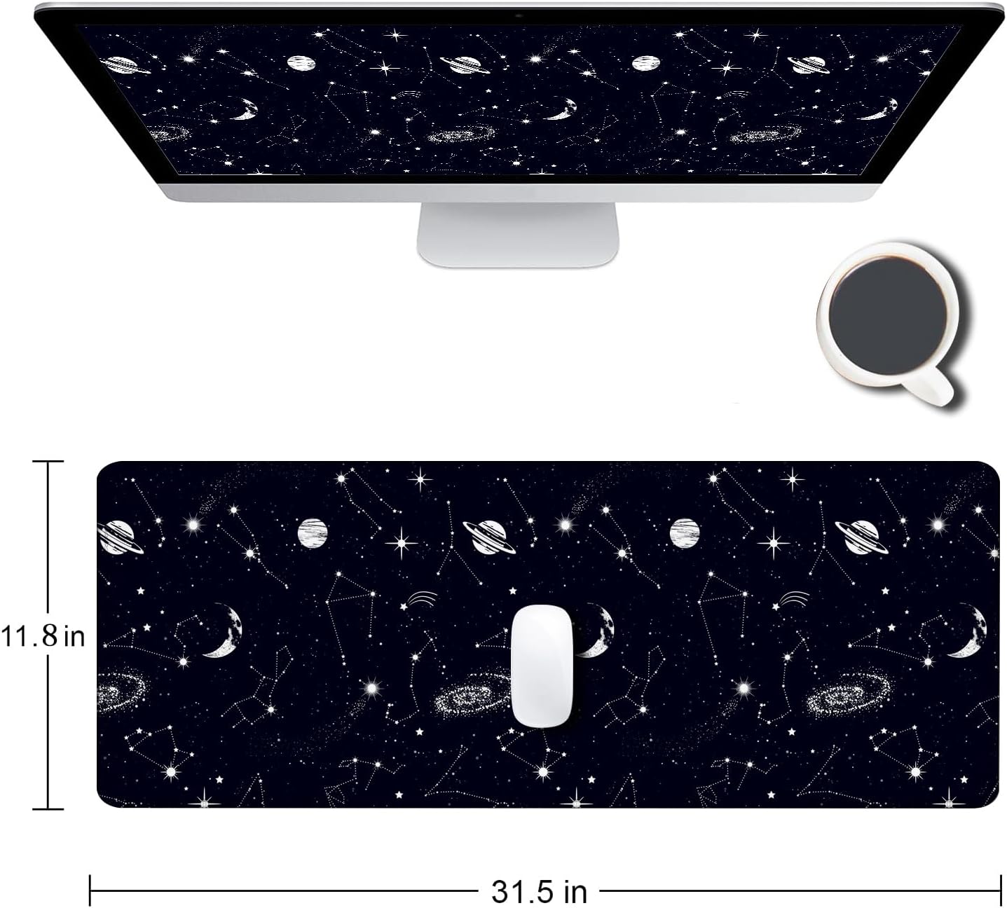 Large Gaming Mouse Pad with Stitched Edges, Black Constellation Desk Mat Extended Keyboard Pad, Non-Slip Rubber Base Desk Pad for Keyboard and Mouse, 31.5X11.8 inch, Sun and Moon