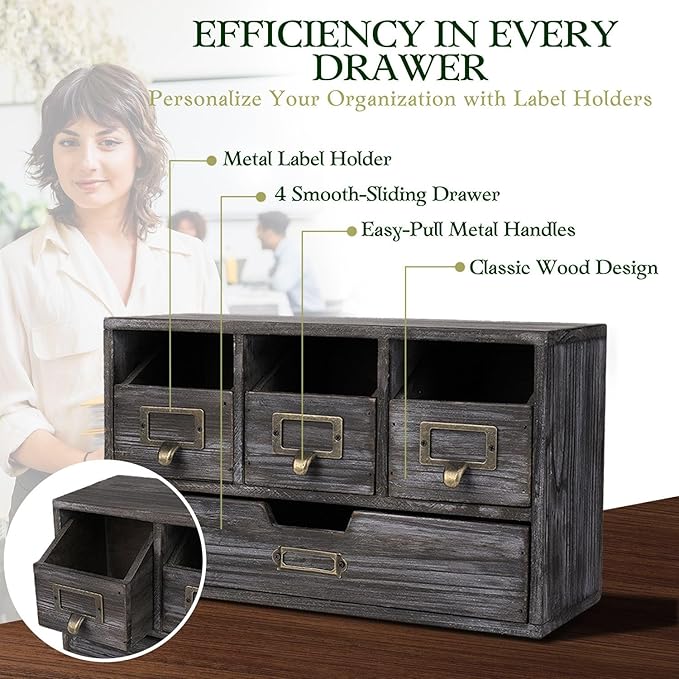 Flexzion Apothecary Cabinet with 4 Drawers - Vintage Rustic Wood Desktop Organizer for Home & Office Supplies - Tabletop Wooden Storage for Catalog, Card, Jewelry, Makeup, Craft & Tools